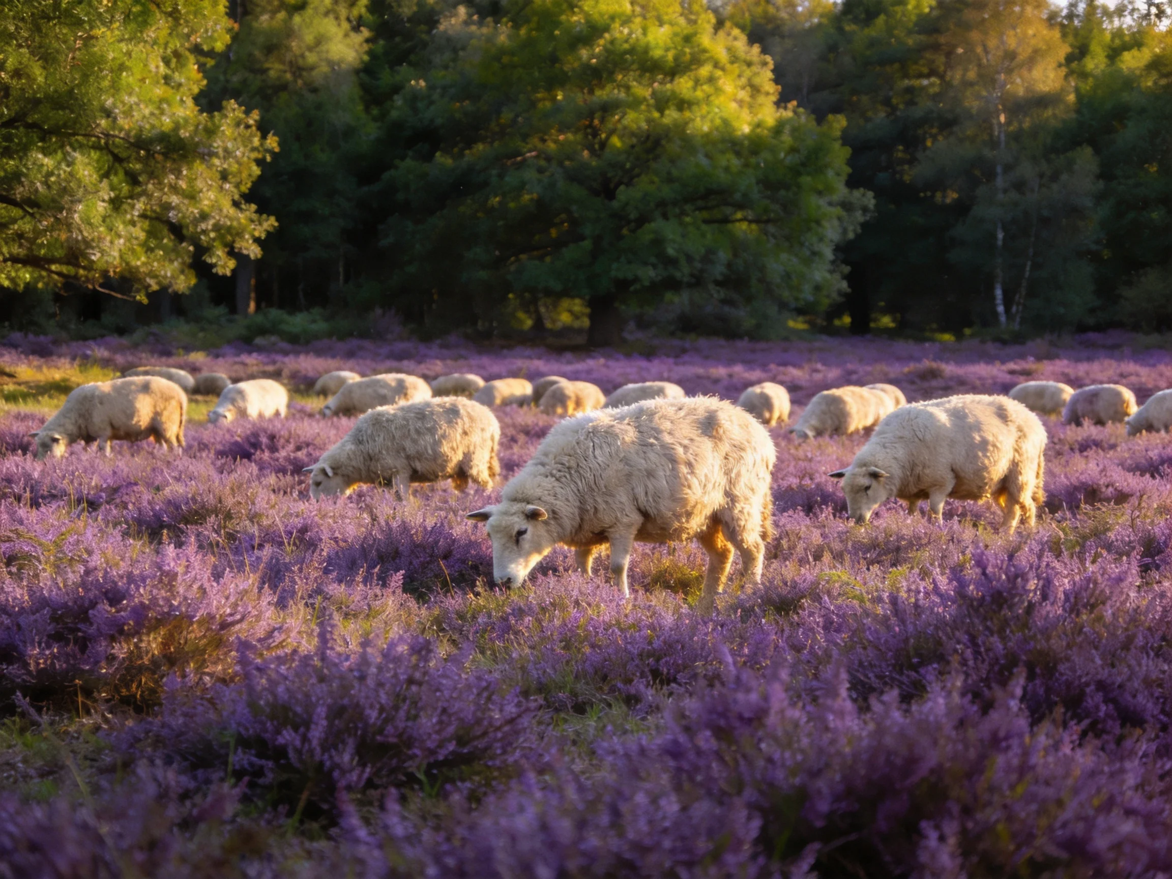 Sheep graze in a purple heather field with trees in the background.