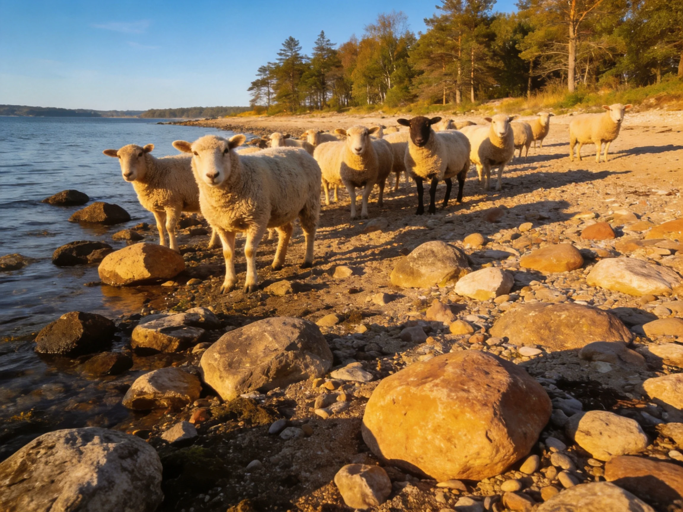 A flock of sheep on a rocky shoreline by calm waters