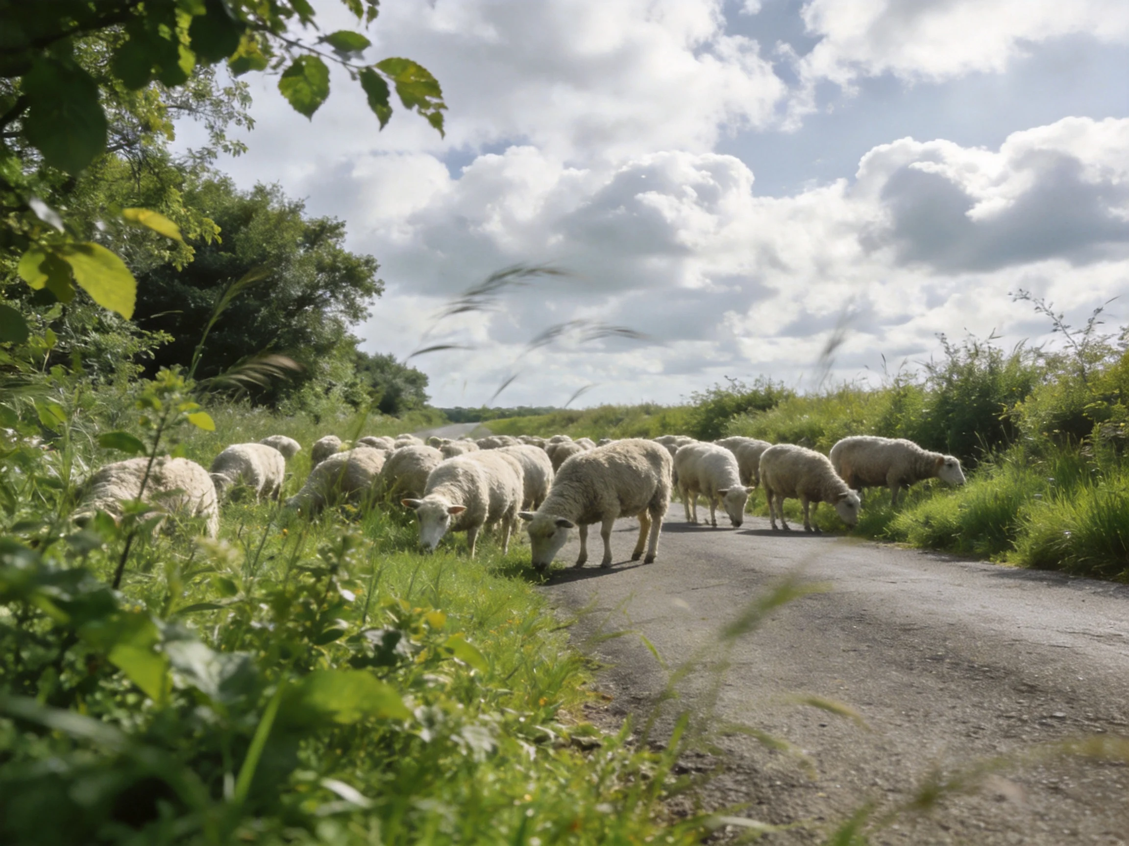 A flock of white sheep grazing along a rural dirt road