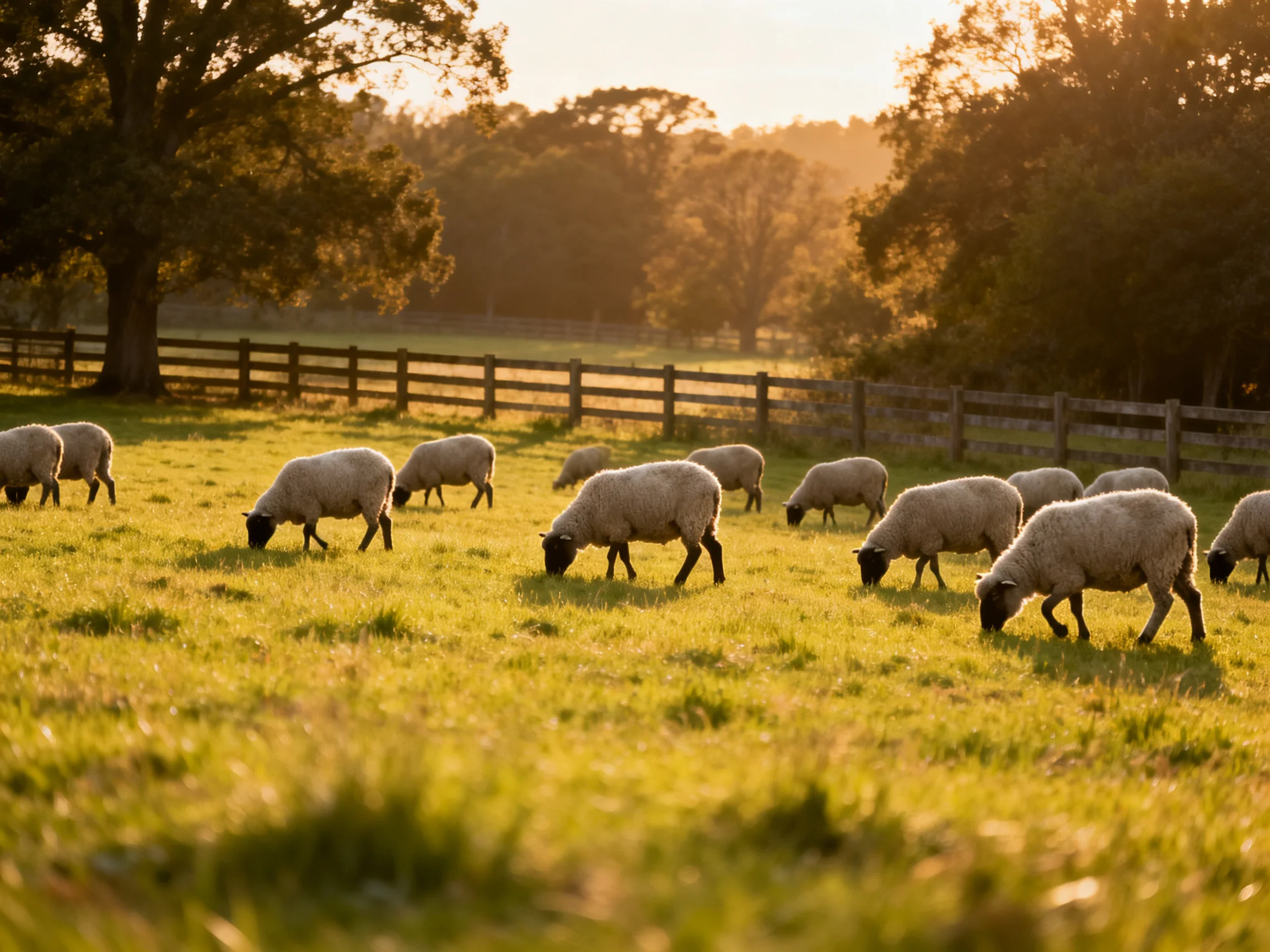A flock of white sheep grazing in a golden-lit green pasture