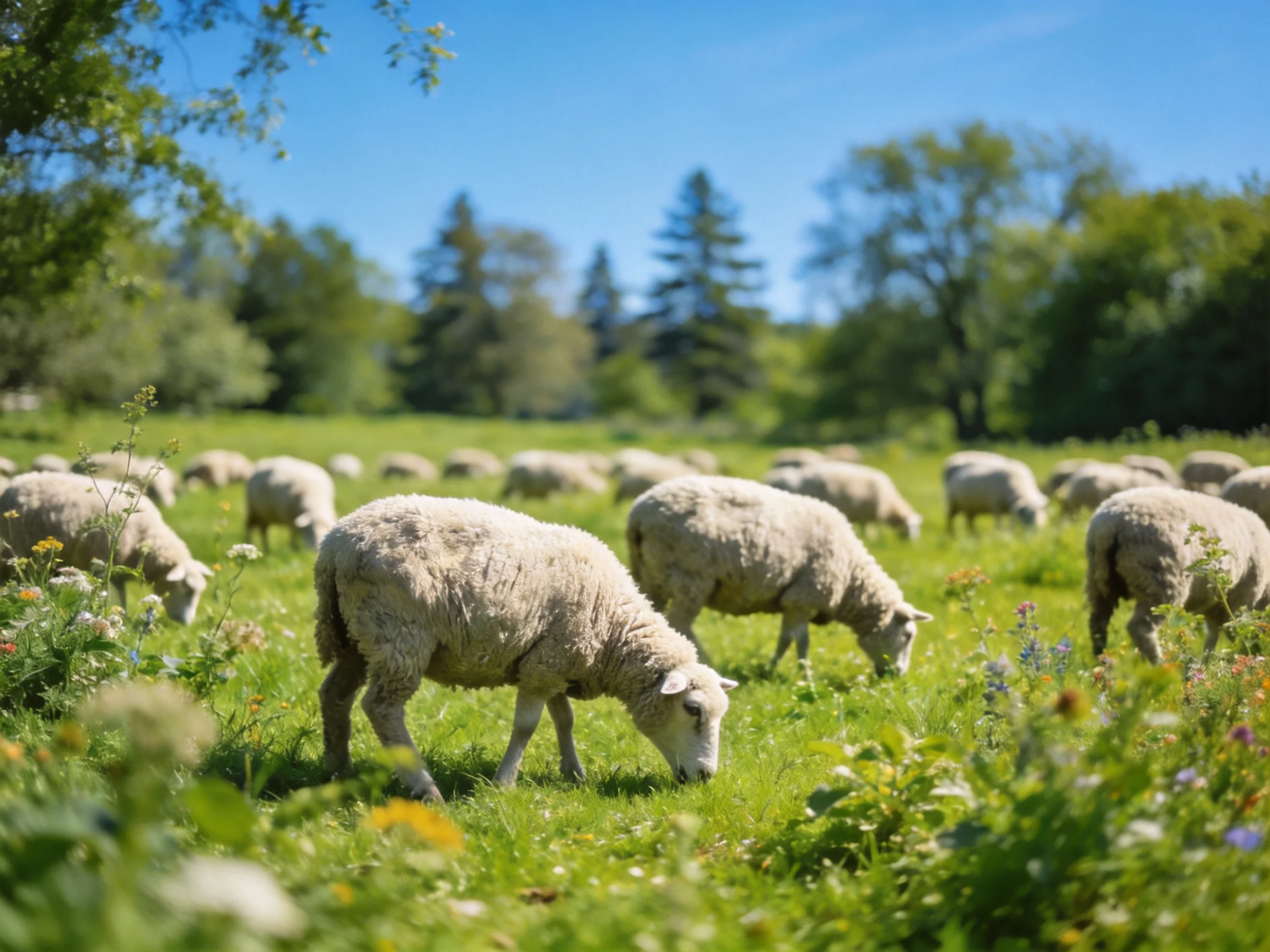 A flock of white sheep grazing in a lush green meadow under bright blue skies