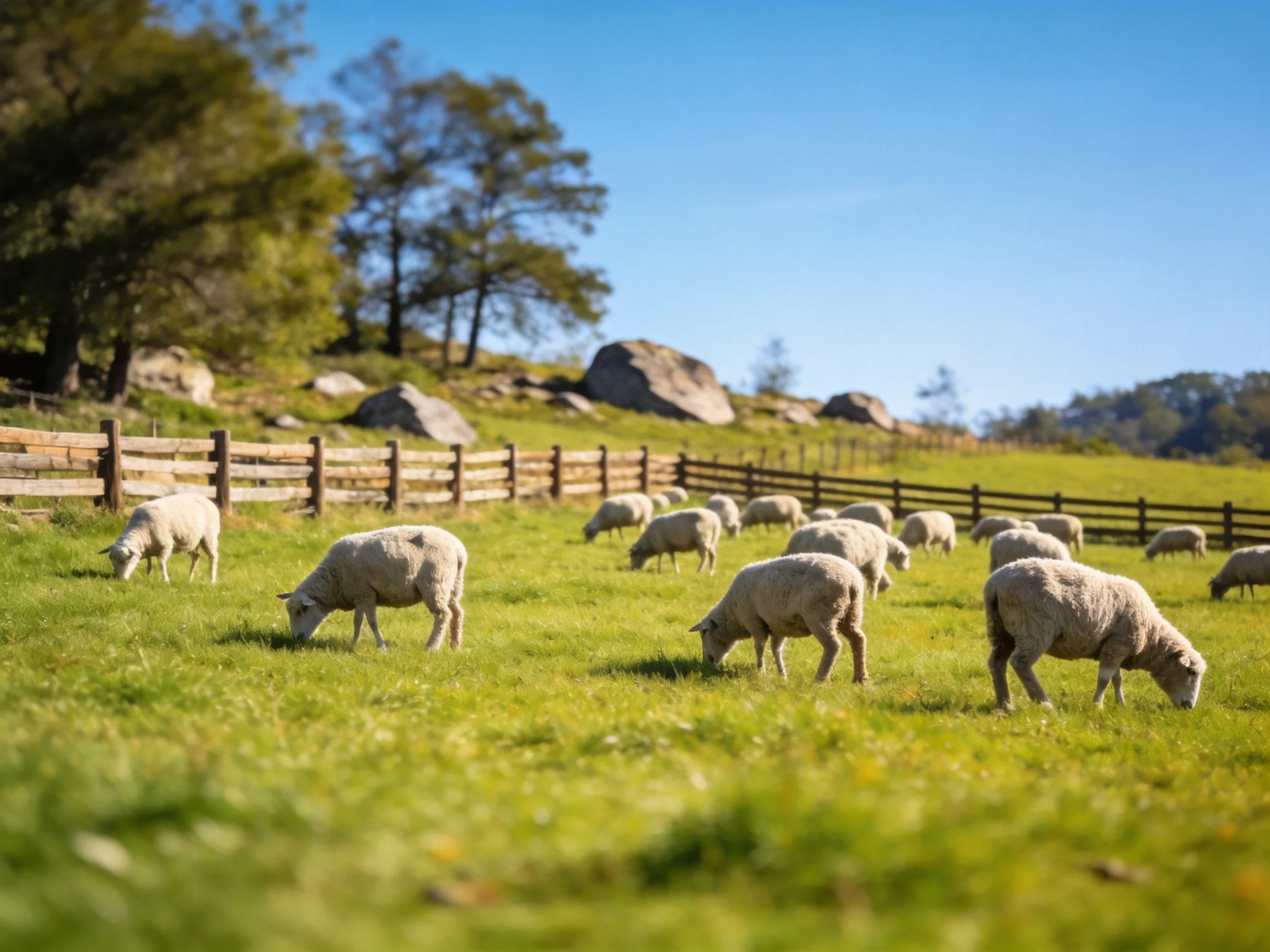 A flock of white sheep grazing in a lush green pasture with wooden fences