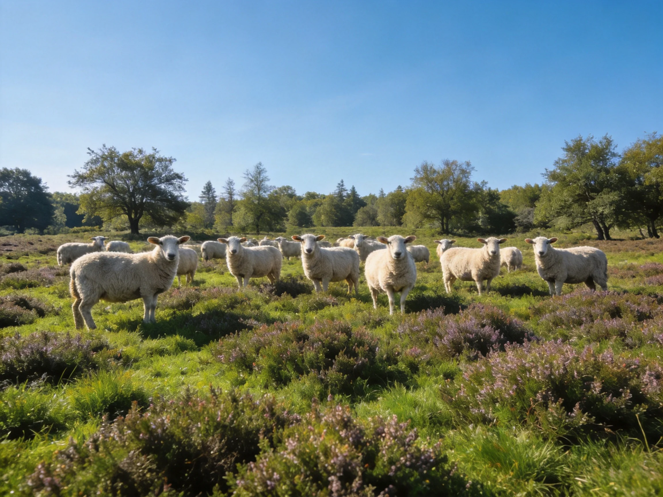 A flock of white sheep grazing in a purple-heather green meadow