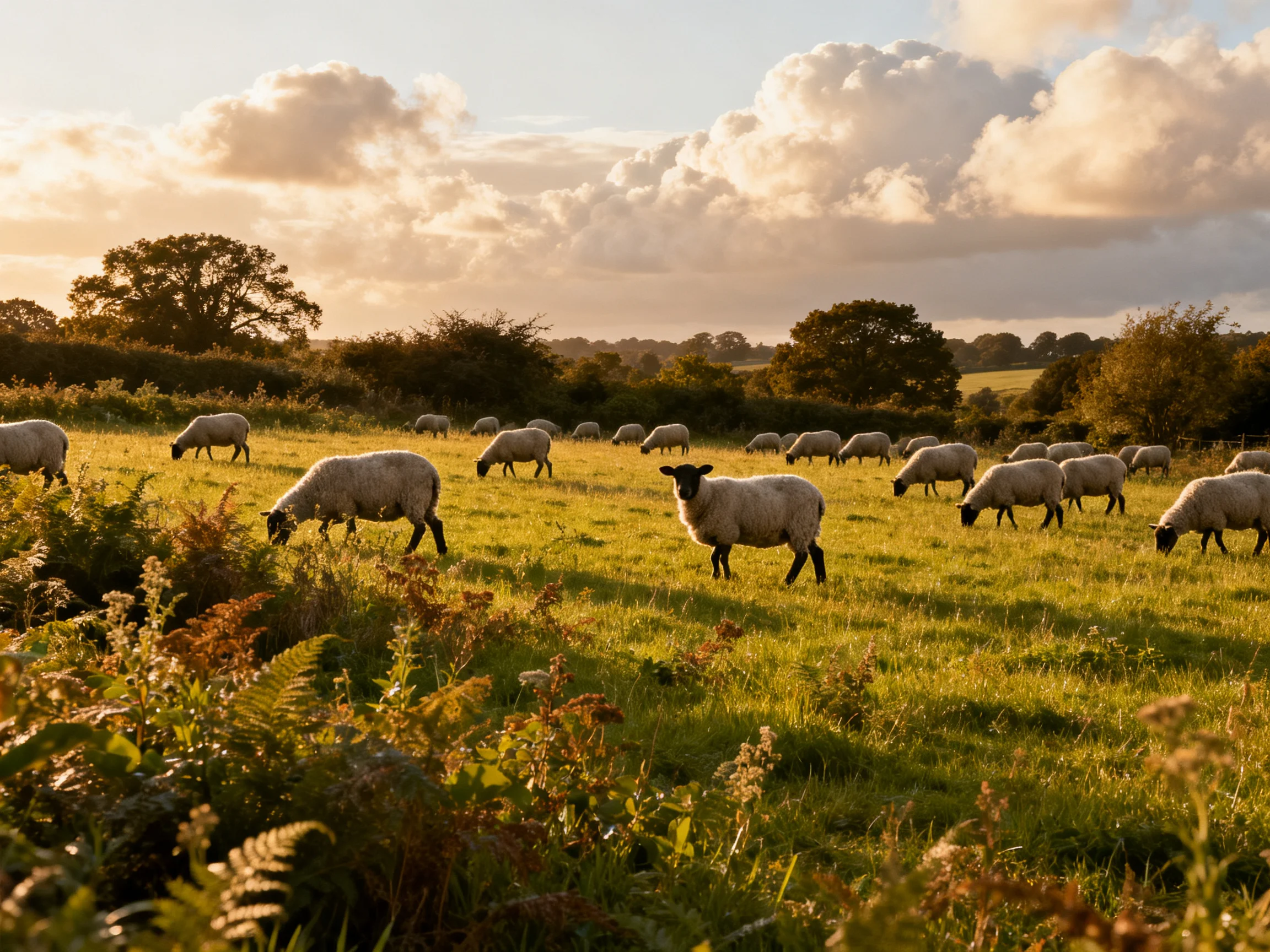 A flock of white sheep grazing in a sunlit meadow