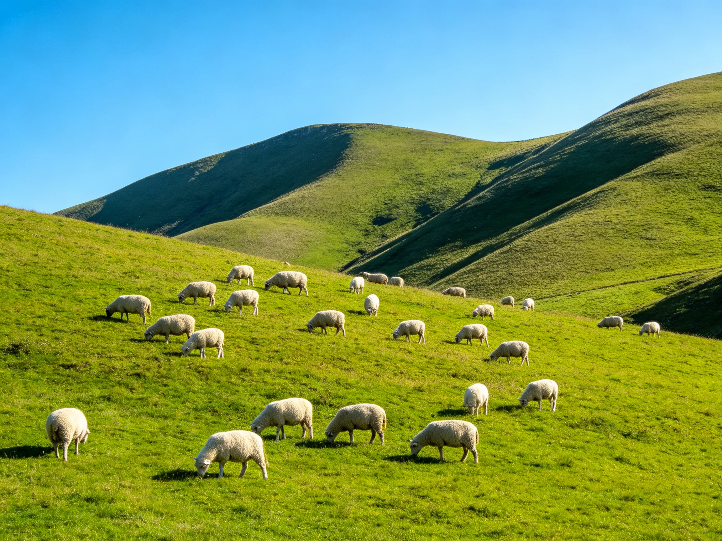 White sheep graze across a vibrant green hillside with rolling terrain.
