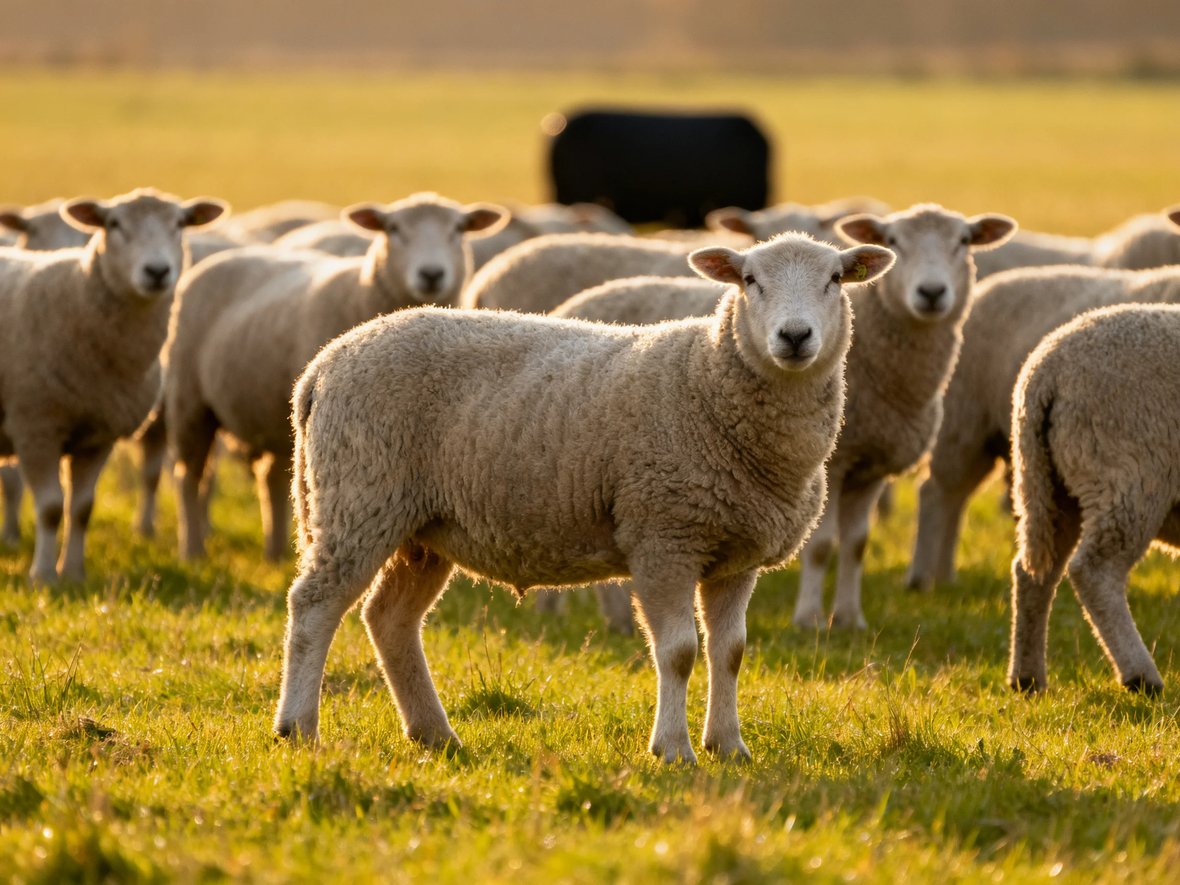 A flock of white sheep in a golden pasture with one black animal