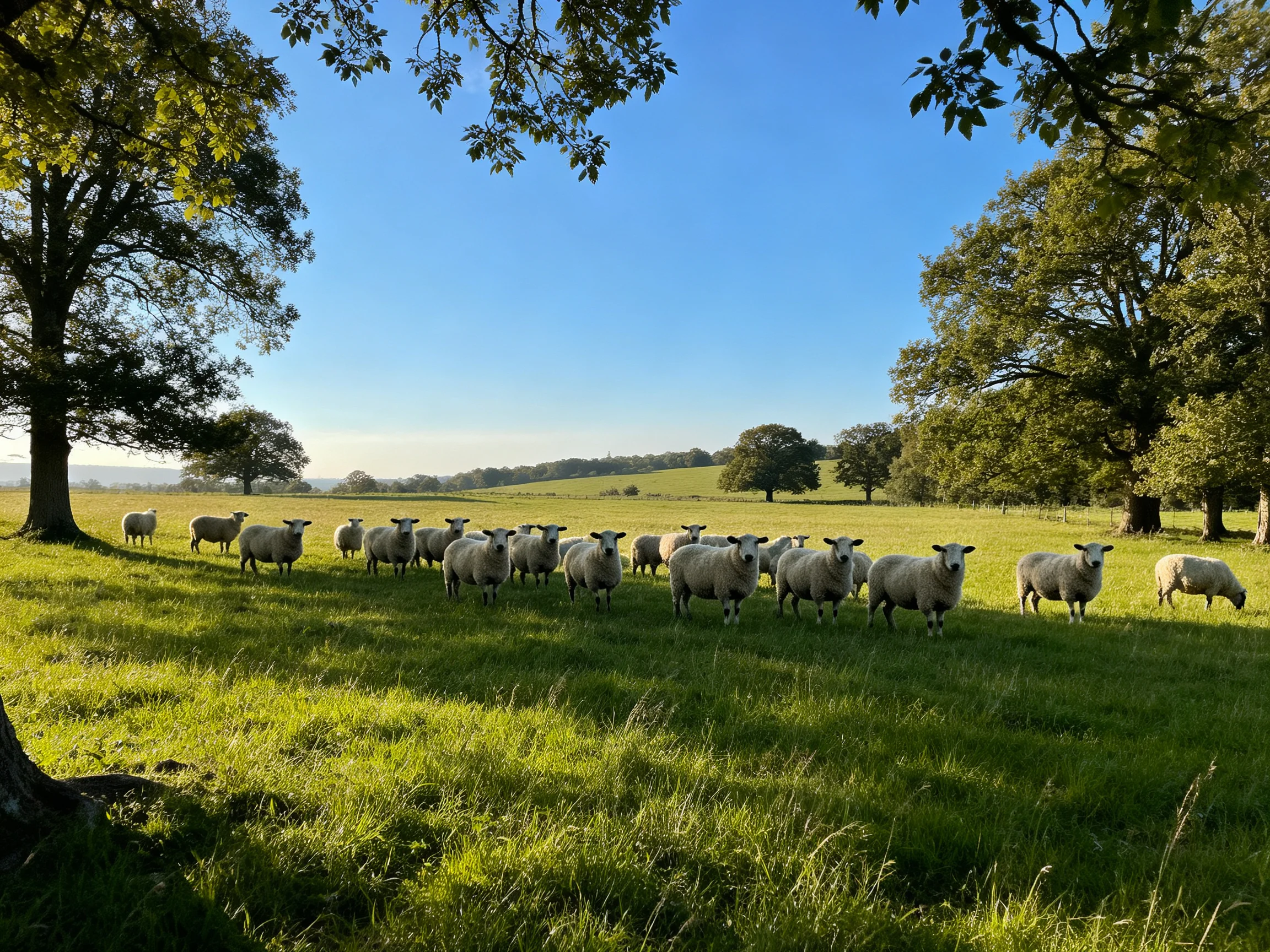 A flock of sheep gathers in a sunlit green pasture near tall oak trees.