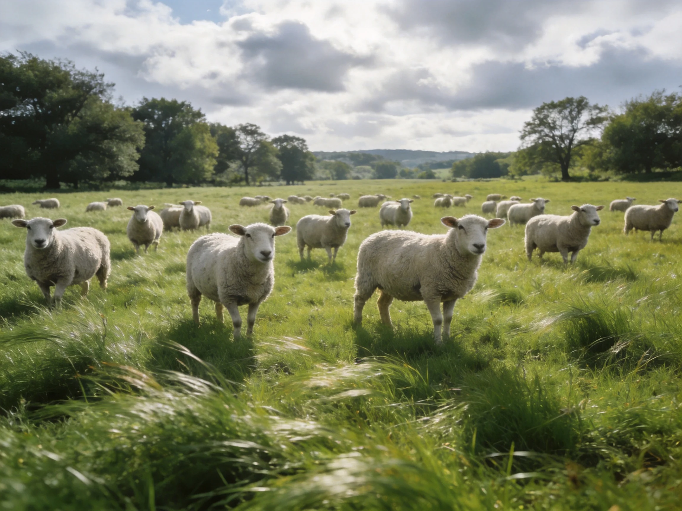 A flock of white sheep in a sunlit green pasture