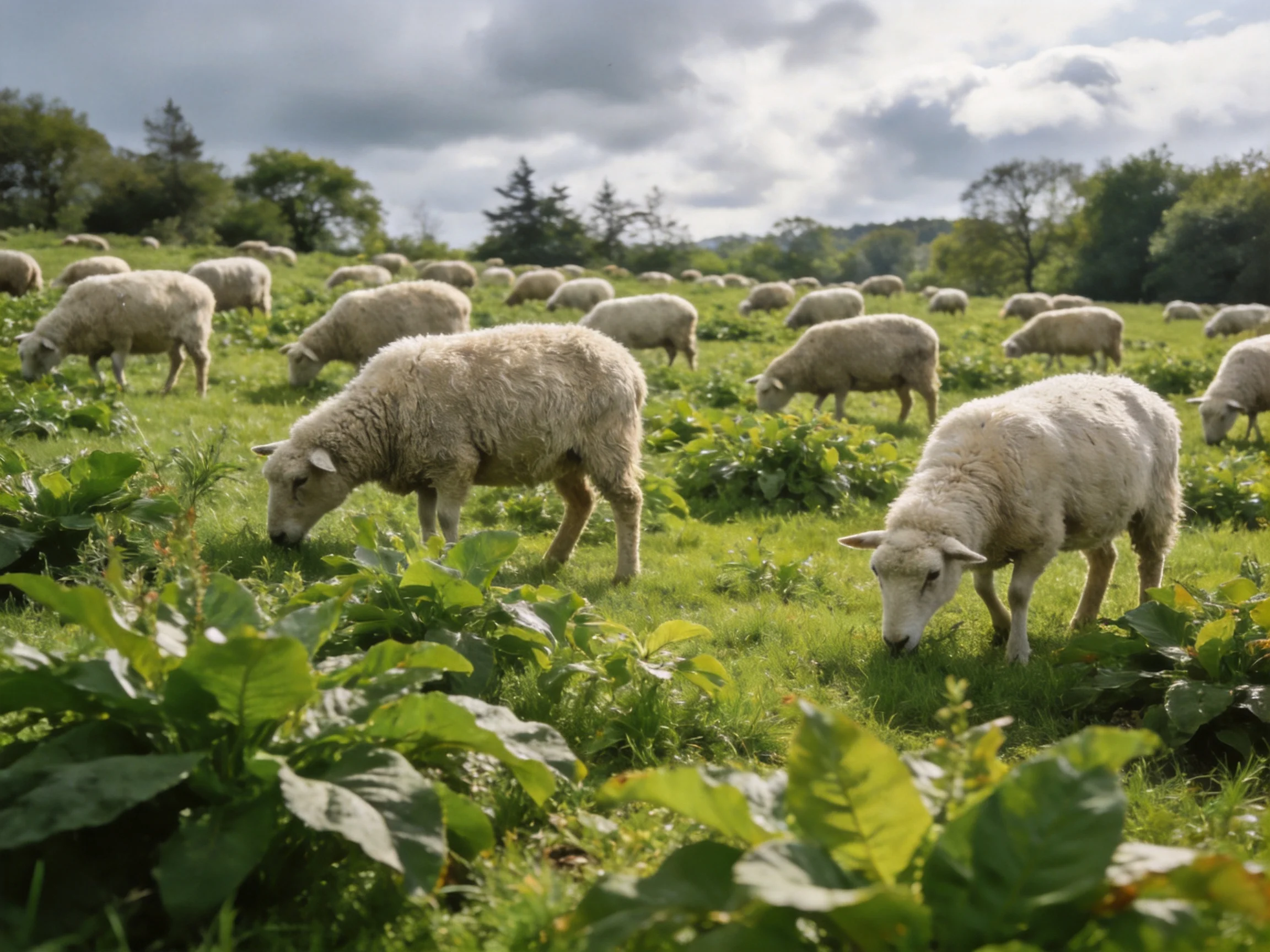 A flock of woolly sheep graze in a lush green meadow