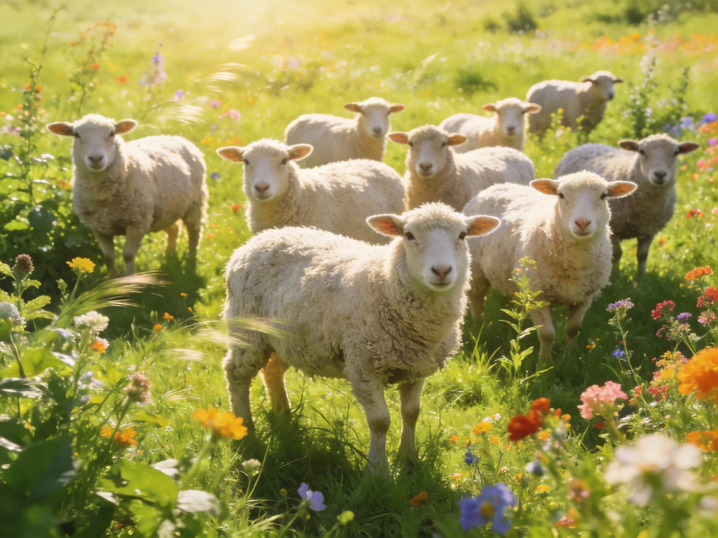 A flock of woolly sheep in a vibrant, flower-filled meadow under bright sunlight