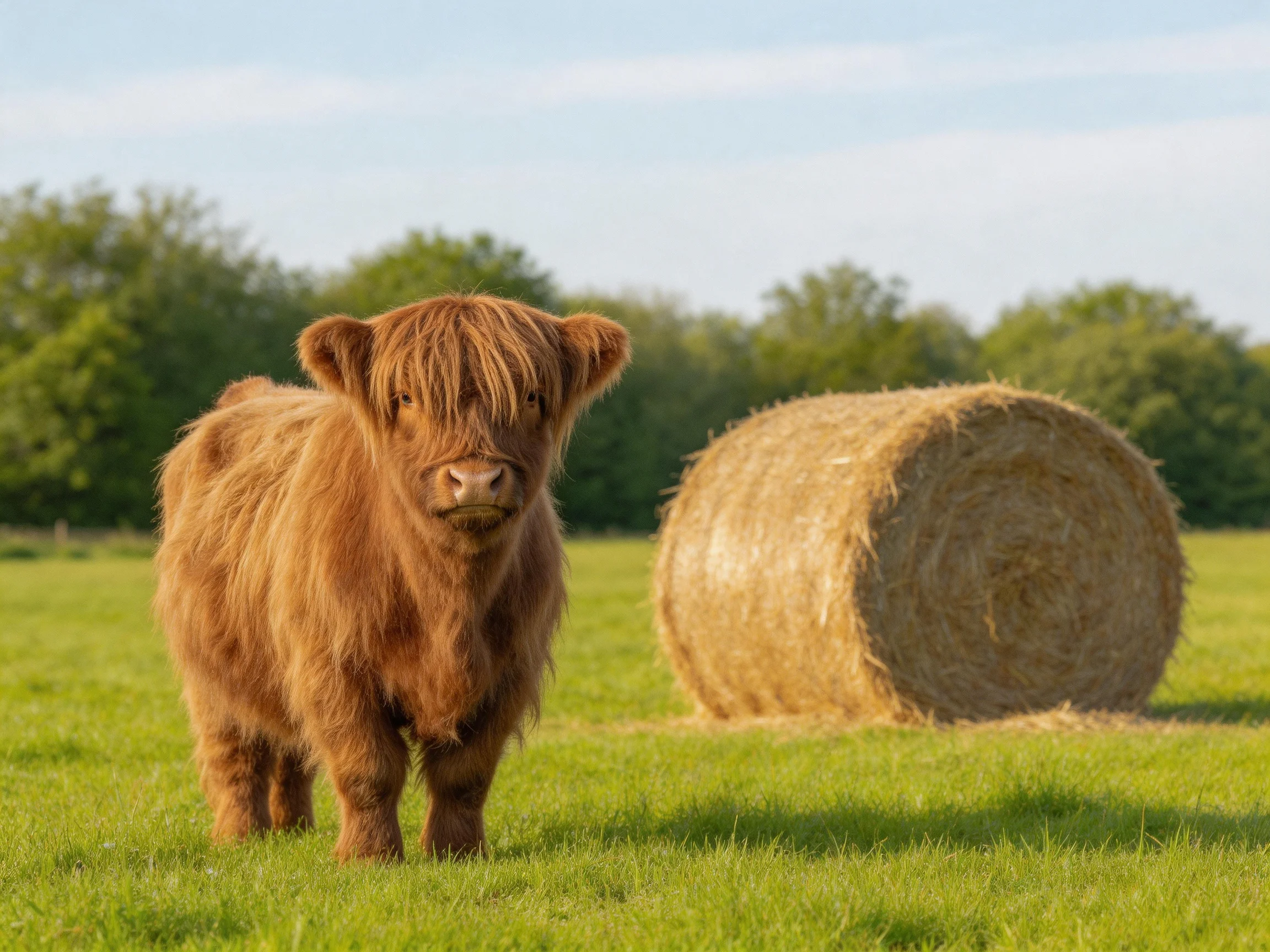 A fluffy brown Highland calf beside a large hay bale in a green pasture