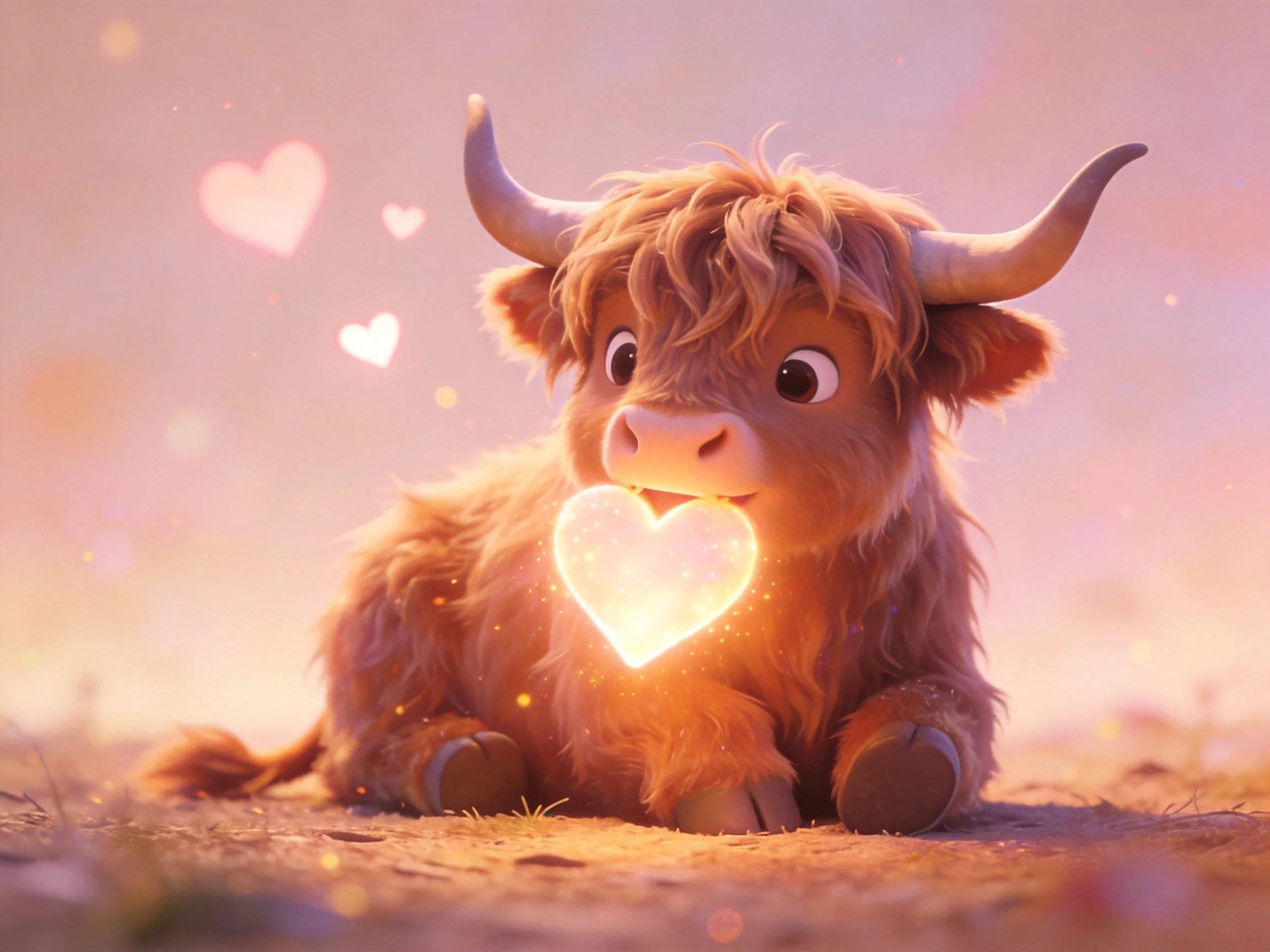 A fluffy brown Highland calf holding a glowing heart amidst soft pastel hues