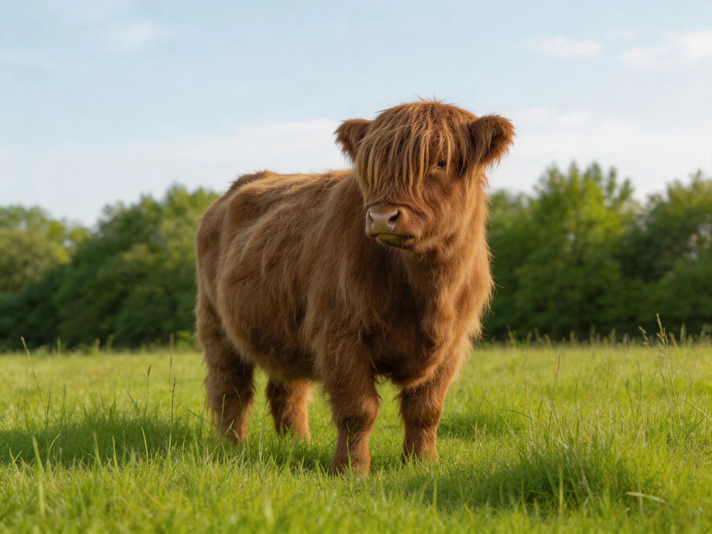 A fluffy brown Highland calf in a lush green meadow