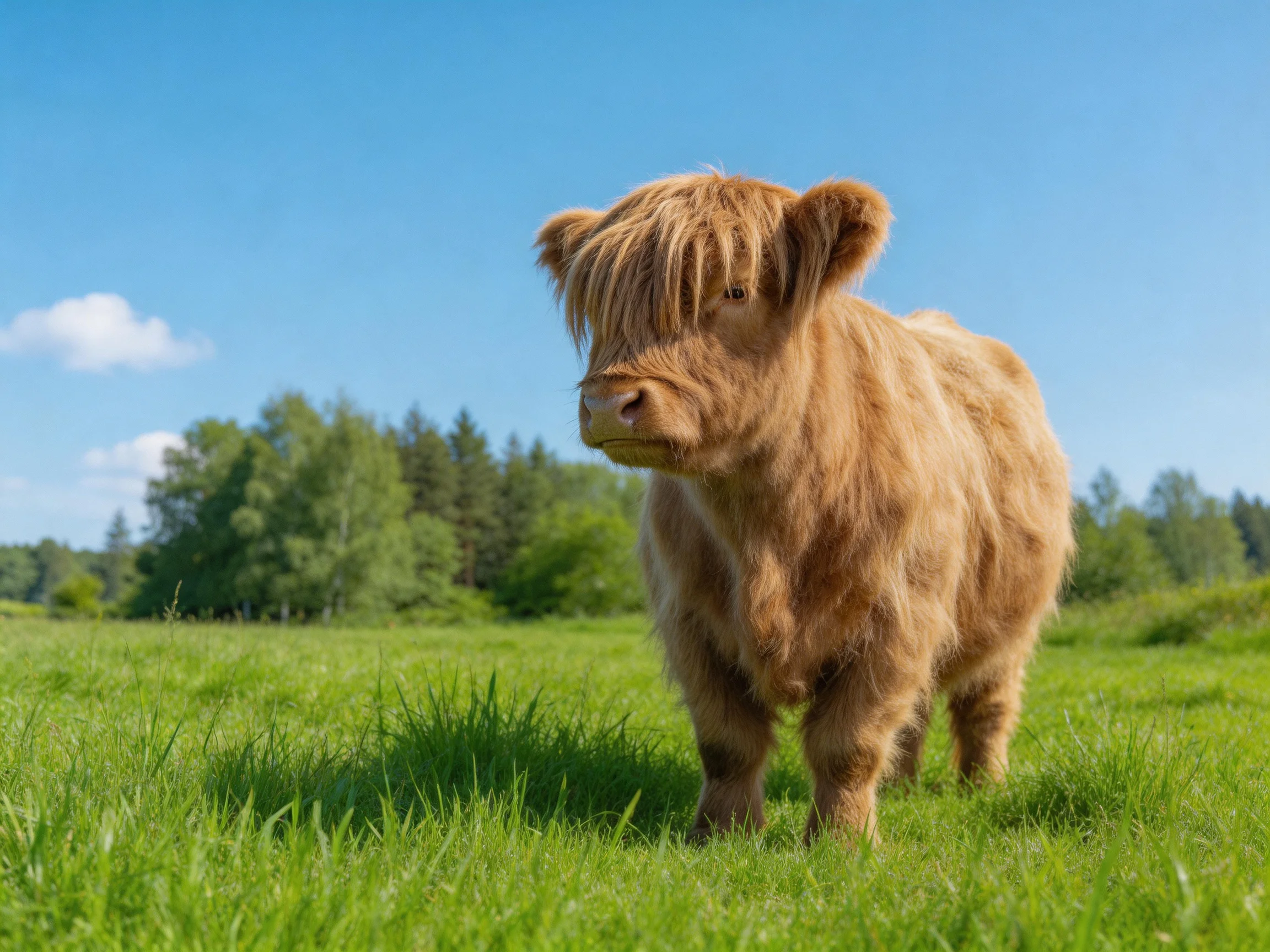 A fluffy brown Highland calf in a sunlit green meadow