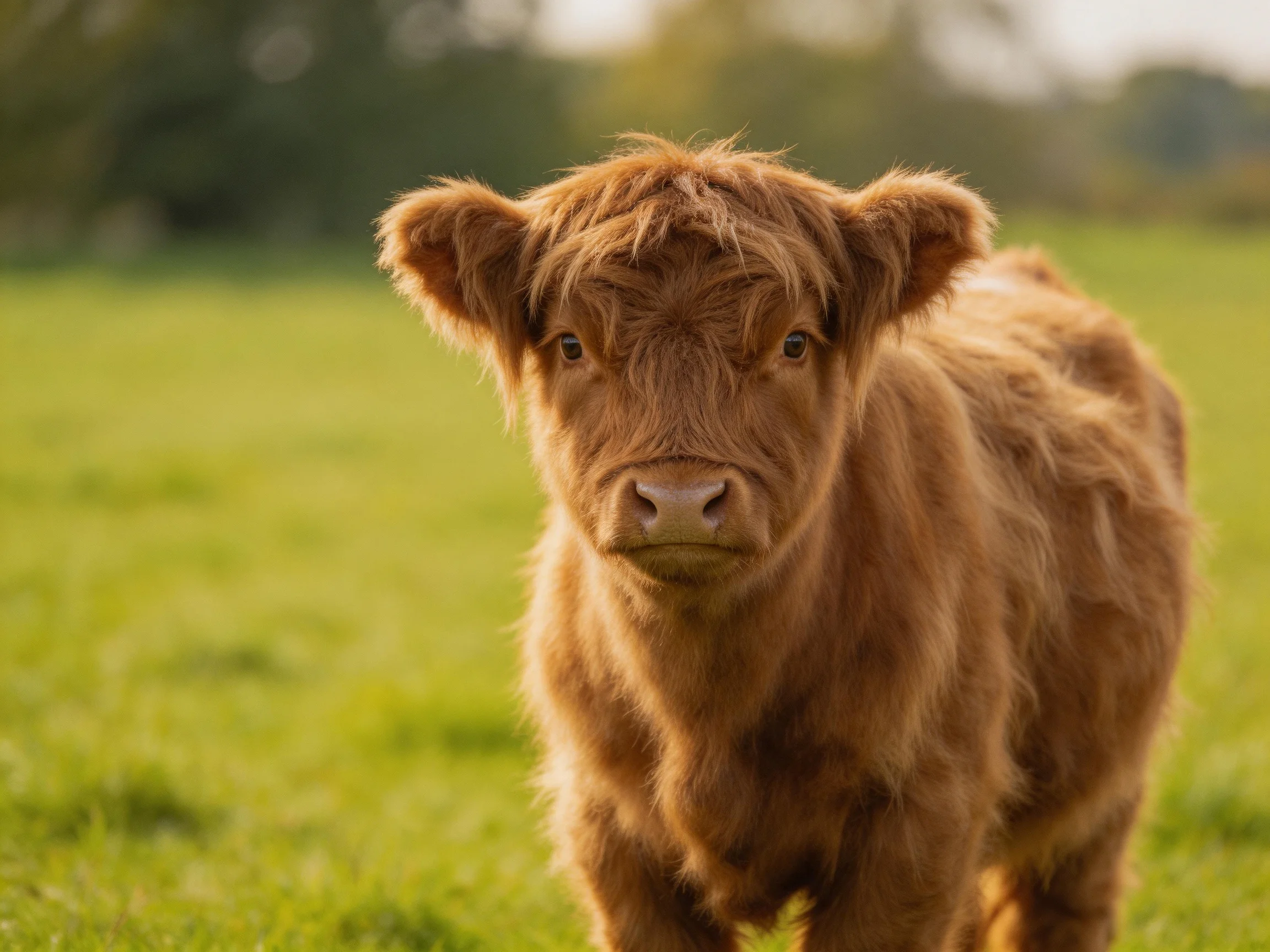 A fluffy brown Highland calf in a sunlit green meadow