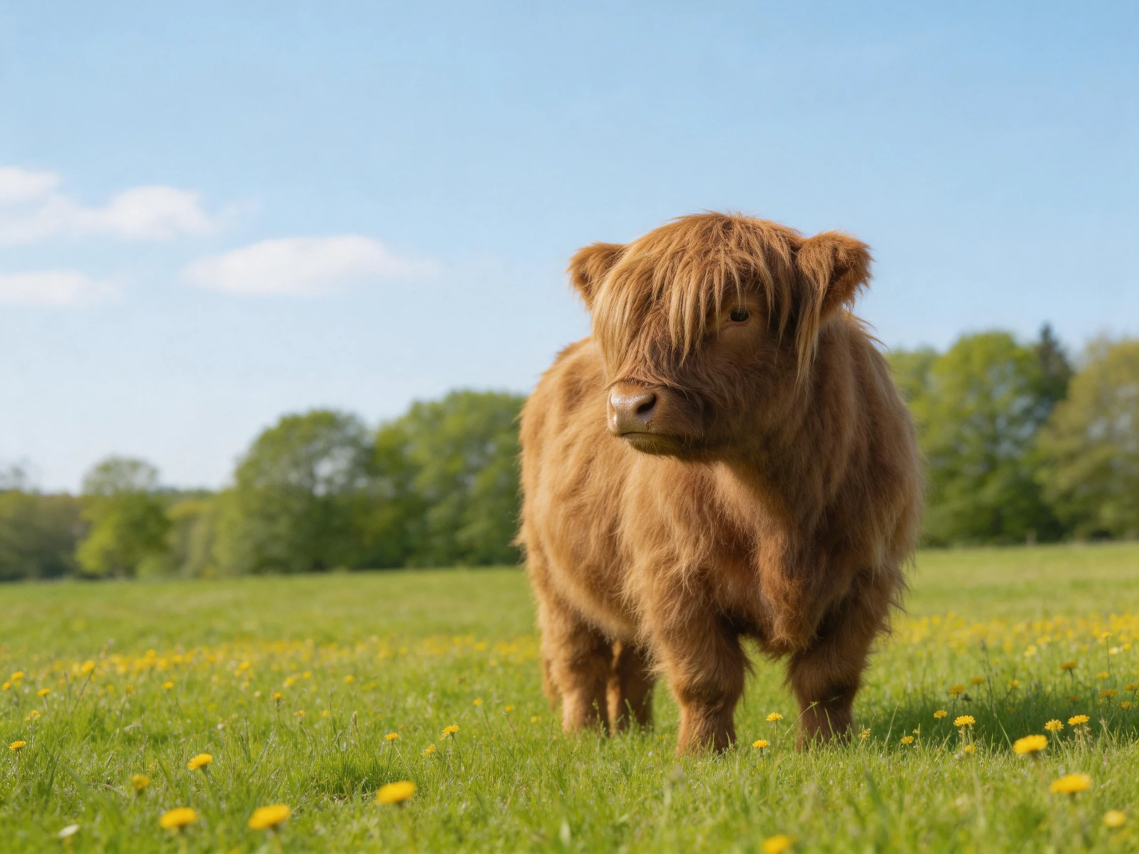 A fluffy brown Highland calf in a yellow-flowered green meadow