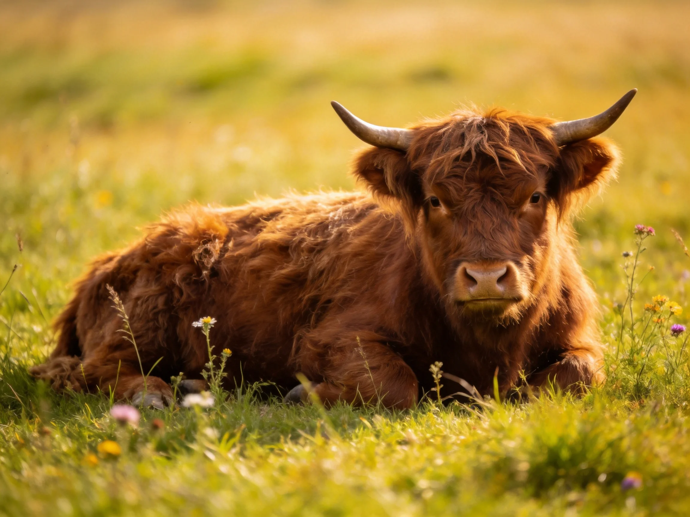 A fluffy brown Highland calf resting in a sun-drenched meadow