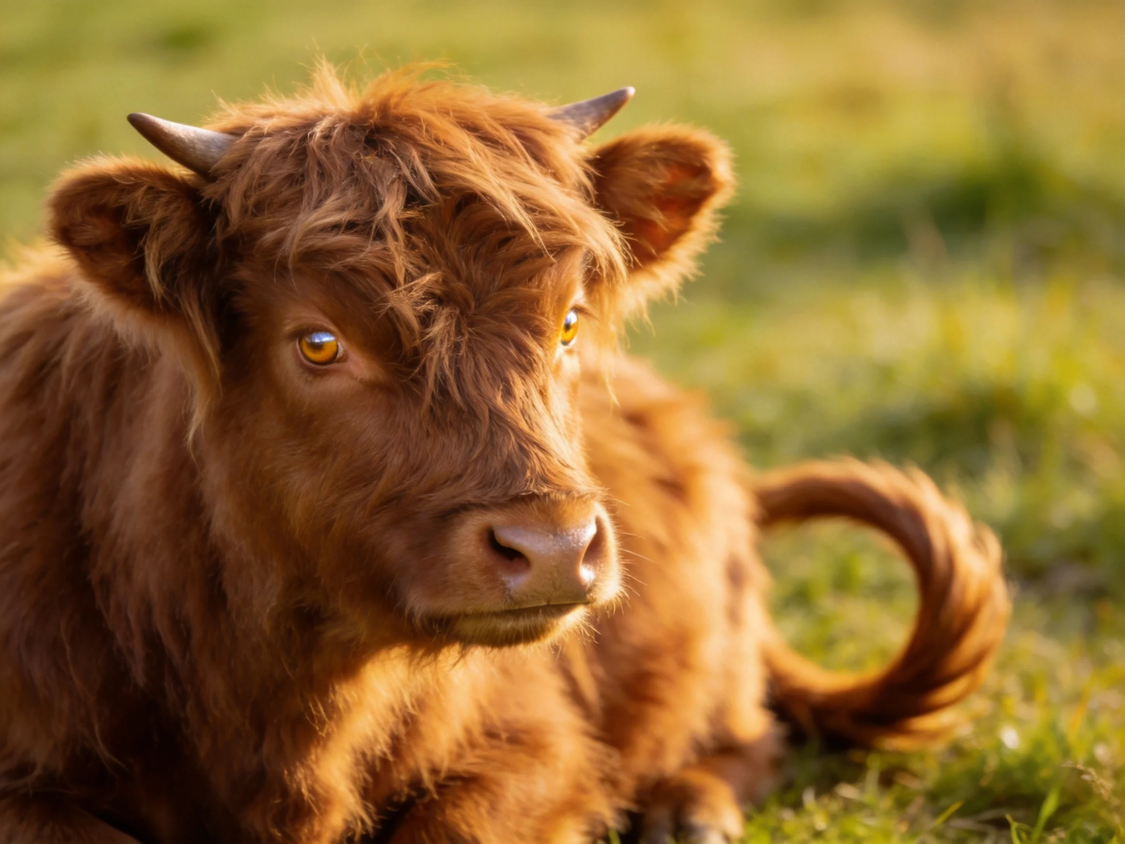 A fluffy brown Highland calf resting in a sunlit grassy field