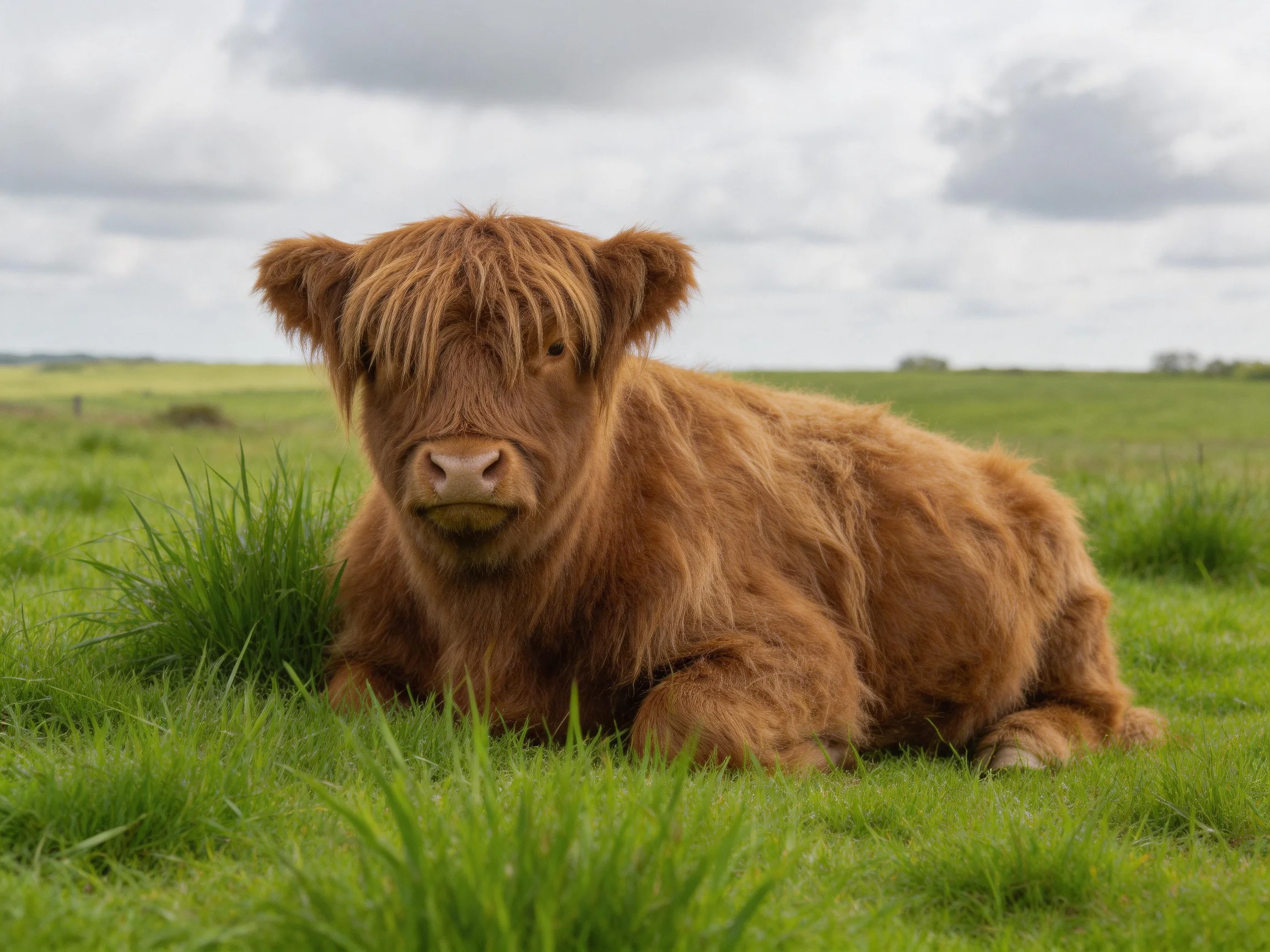 A fluffy brown Highland calf resting in lush green pasture