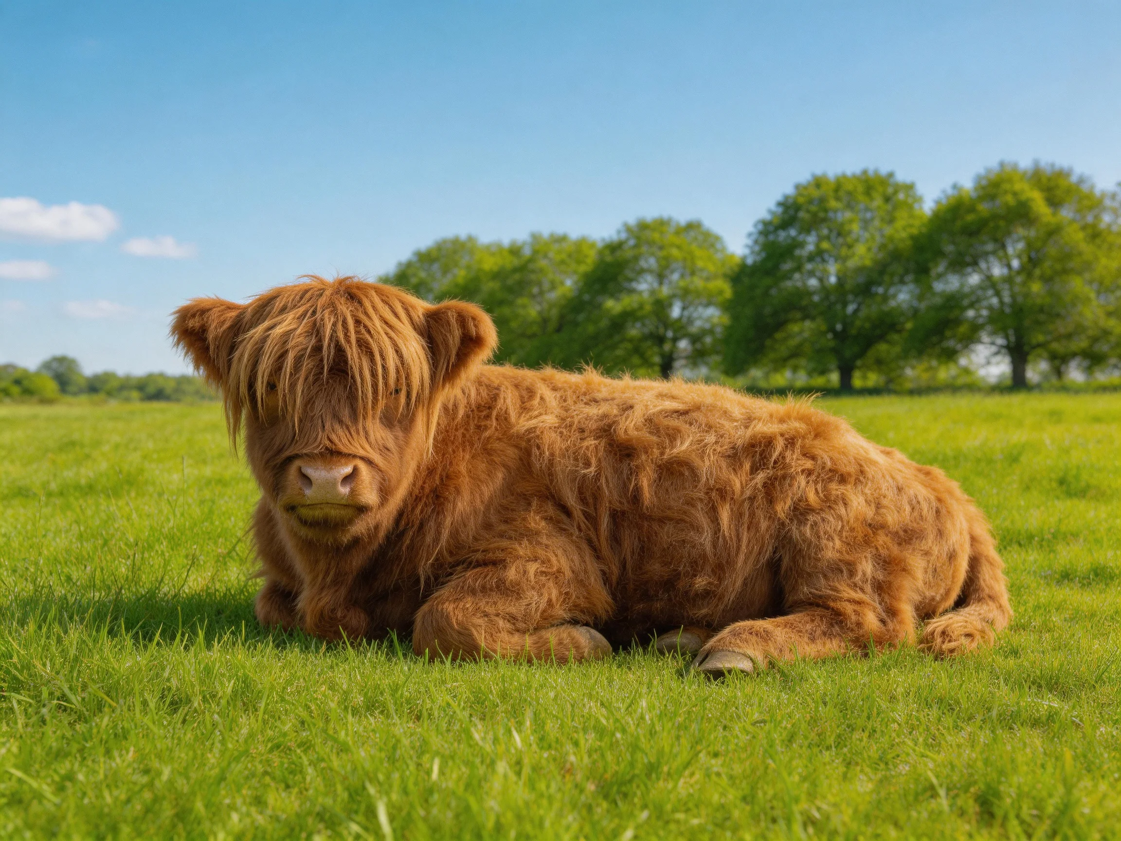 A fluffy brown Highland calf rests on lush green grass near leafy trees