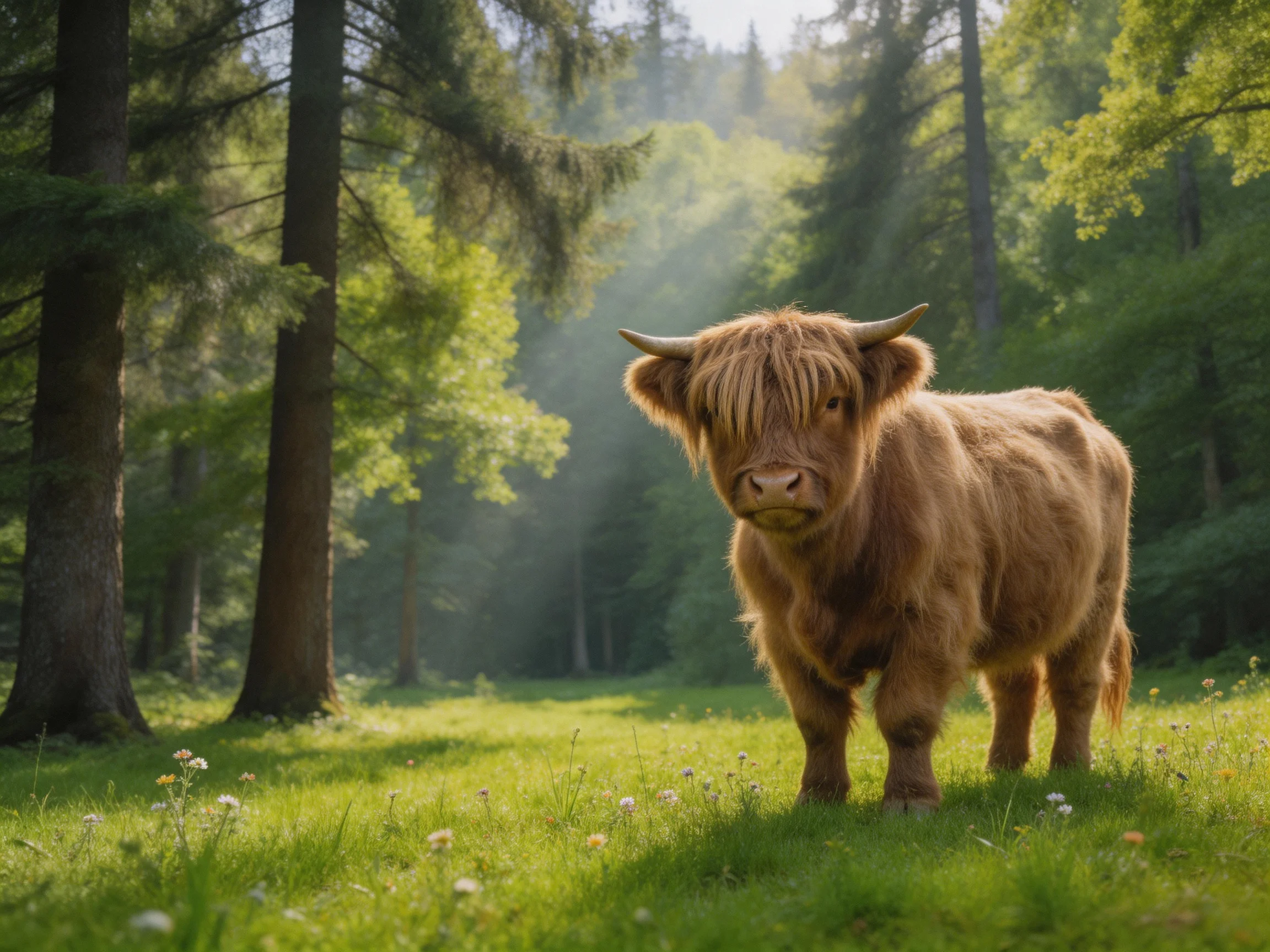 A fluffy brown Highland calf stands in a sunlit green meadow near tall trees