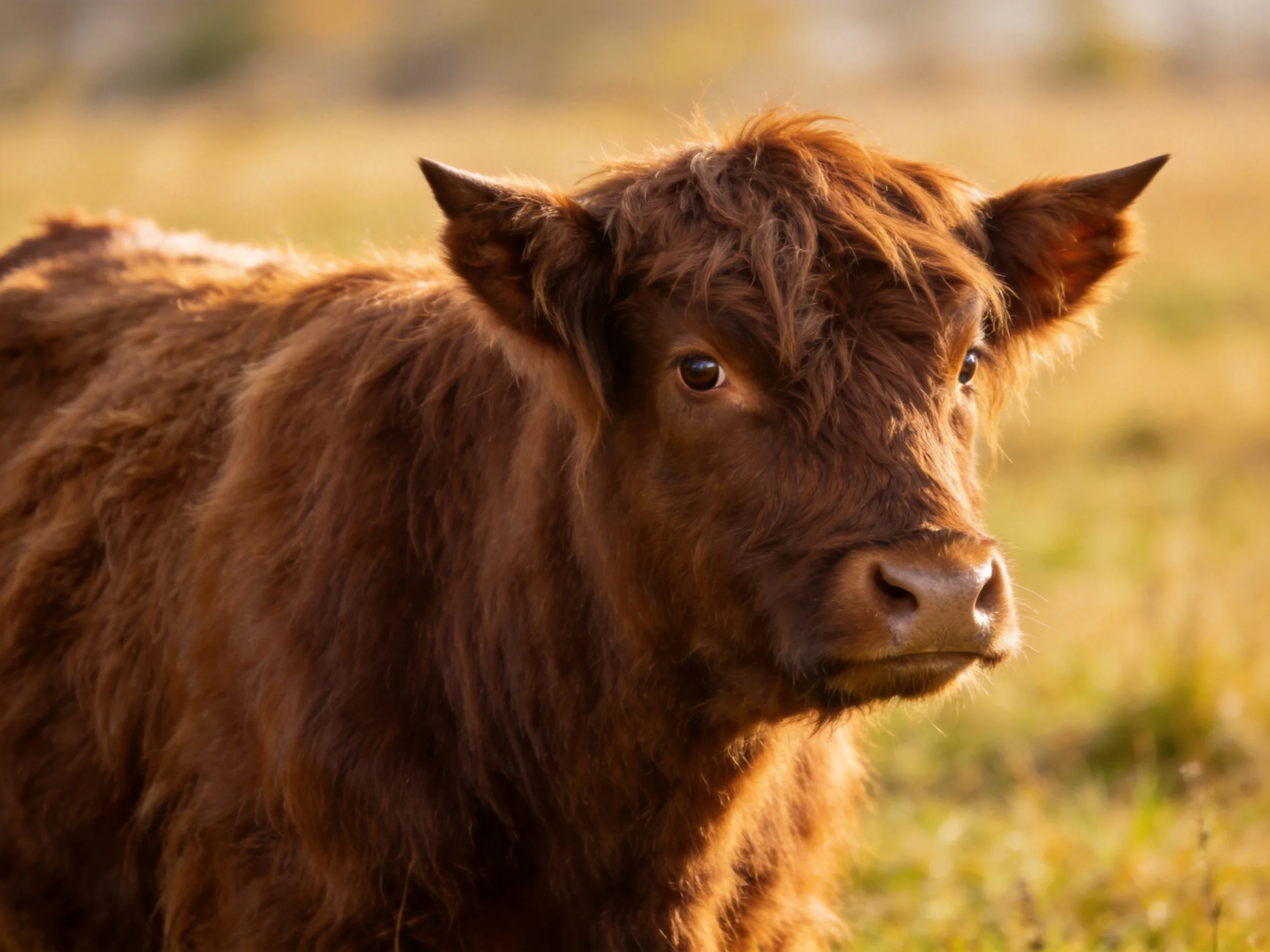 A fluffy brown Highland calf stands in a sunlit meadow