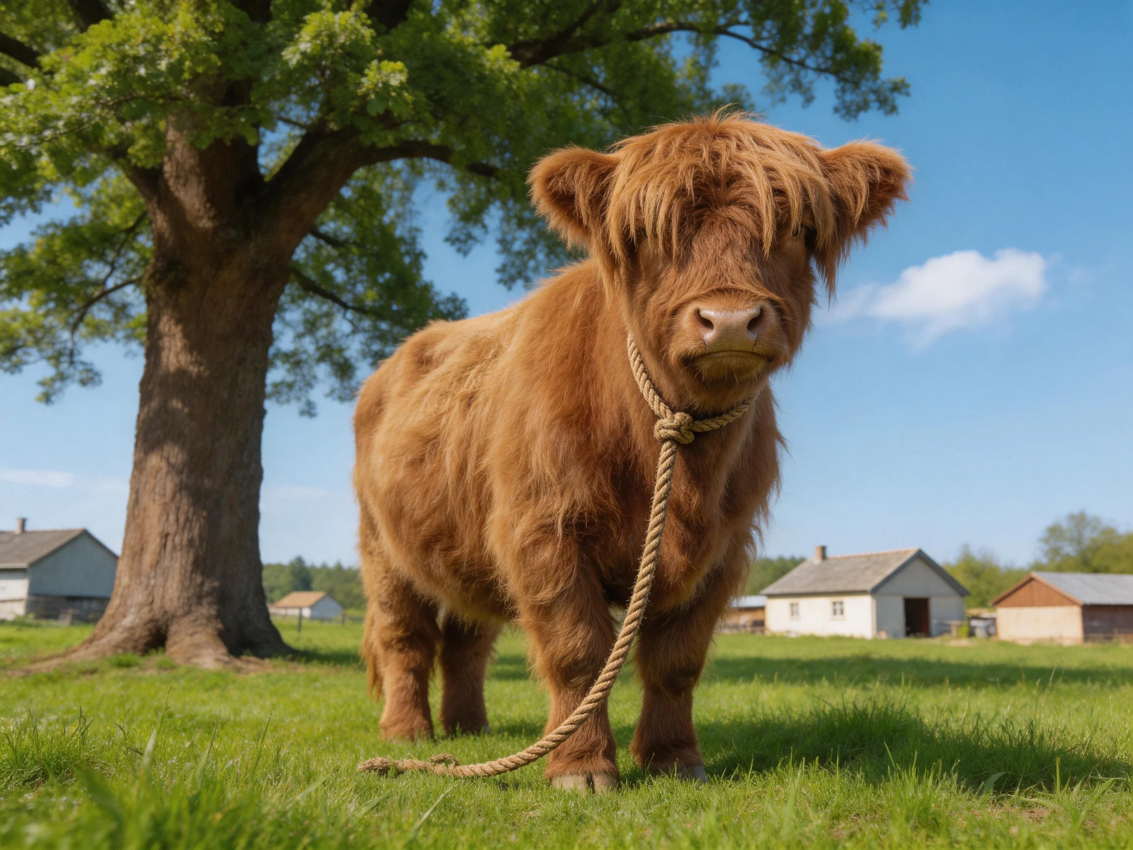 A fluffy brown Highland calf tied near a large oak tree
