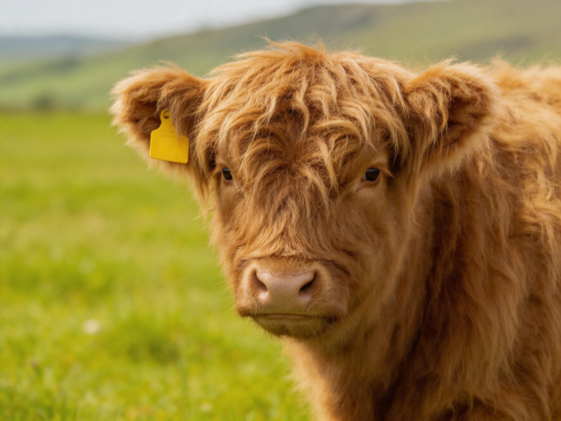 A fluffy brown Highland calf with a yellow ear tag in a lush green pasture