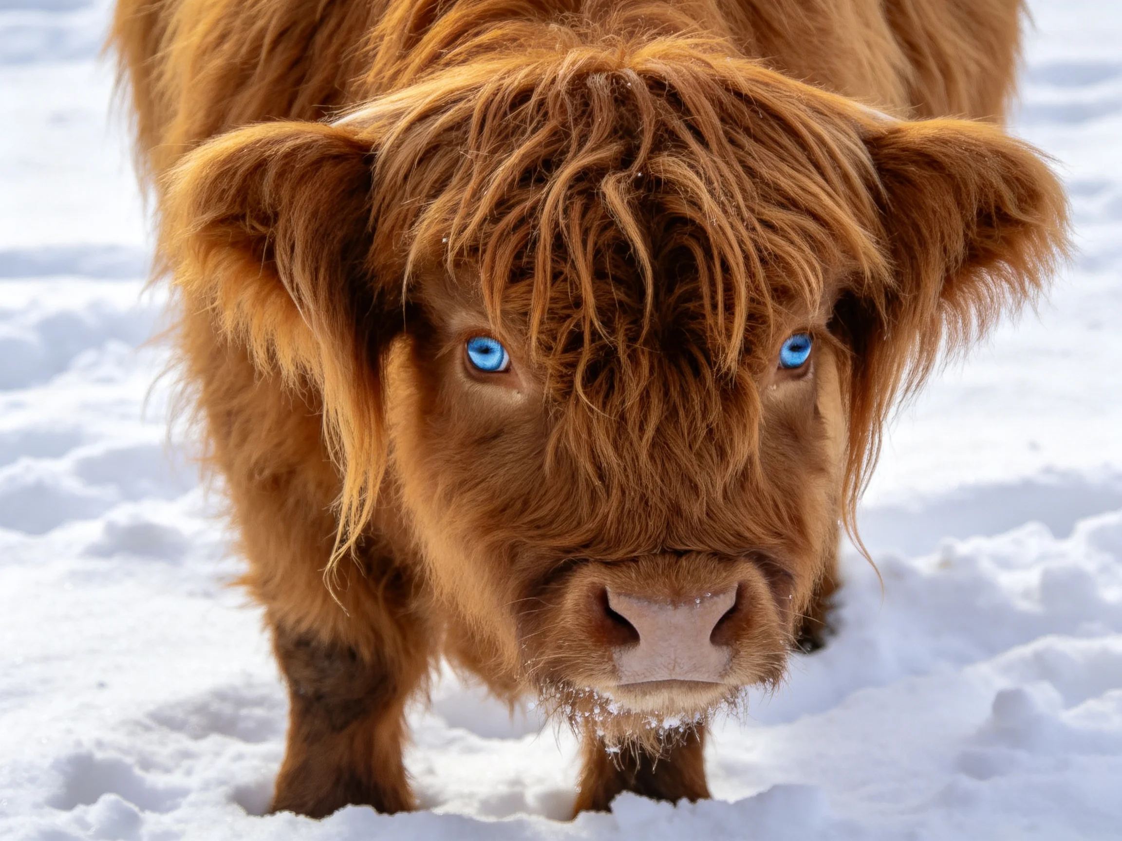 A fluffy brown Highland calf with bright blue eyes in snowy terrain