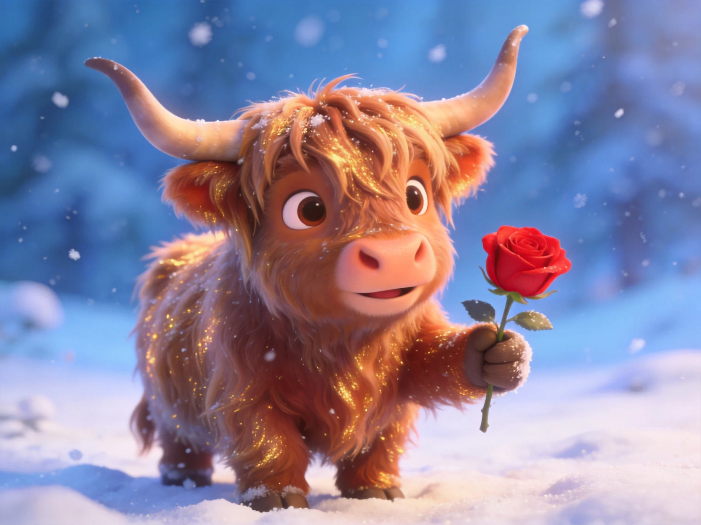 A fluffy brown Highland cow holds a bright red rose in a snowy landscape.