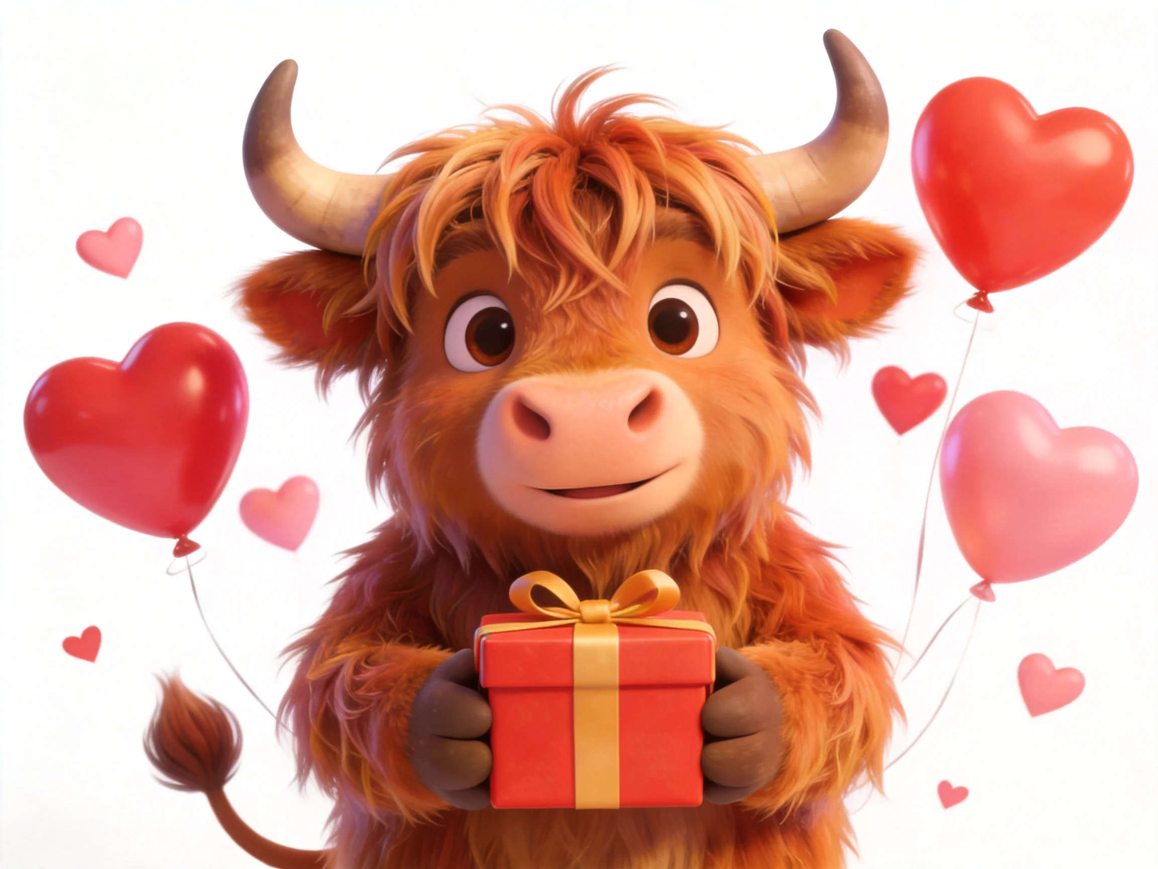 A fluffy brown Highland cow holds a red gift box amid heart balloons