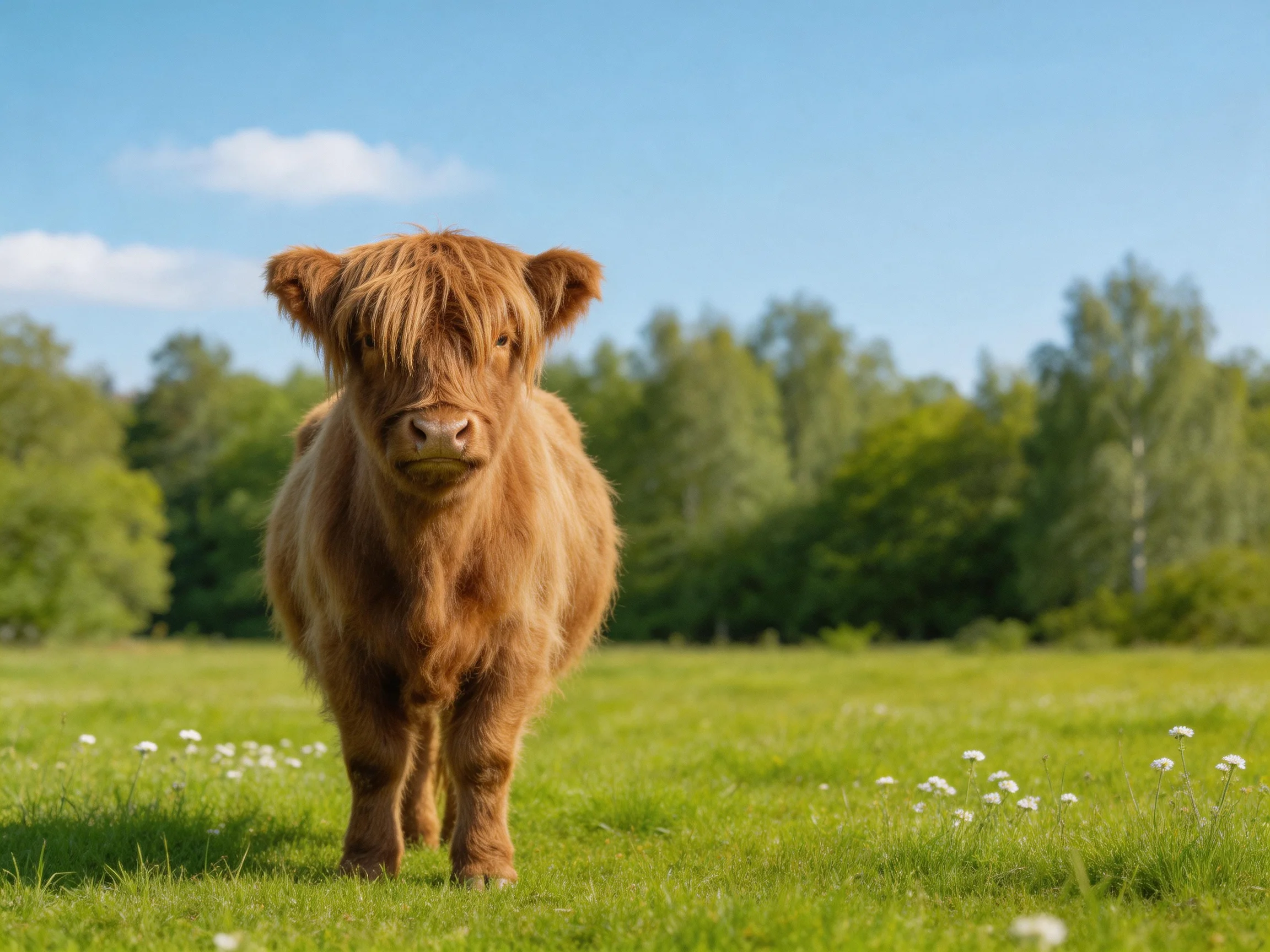 A fluffy brown Highland cow in a sunlit green meadow