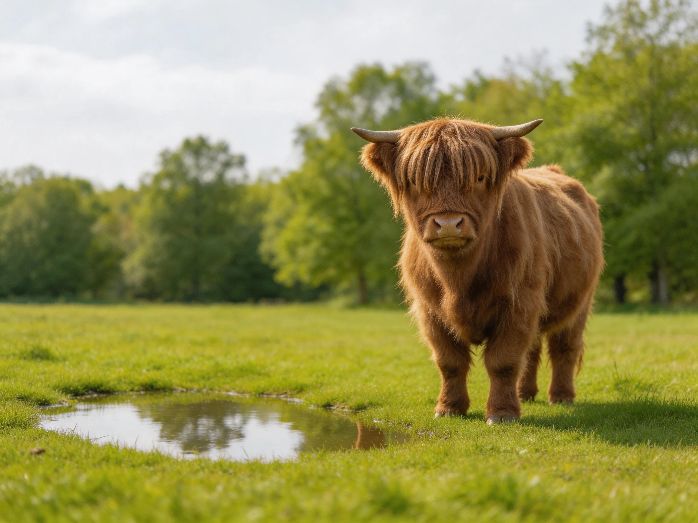 A fluffy brown Highland cow near a small pond in a green meadow