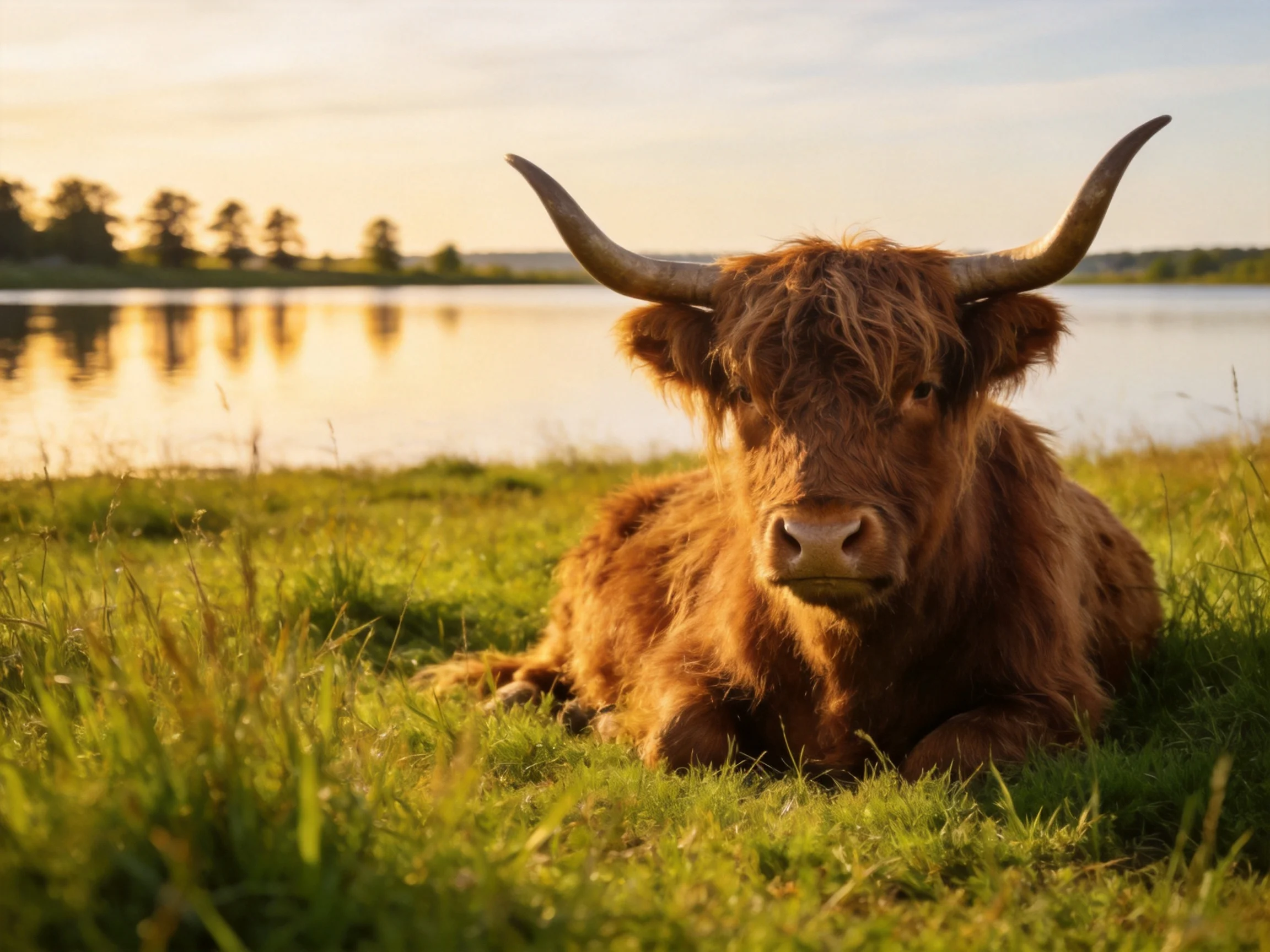 A fluffy brown Highland cow resting near a calm lake at sunset