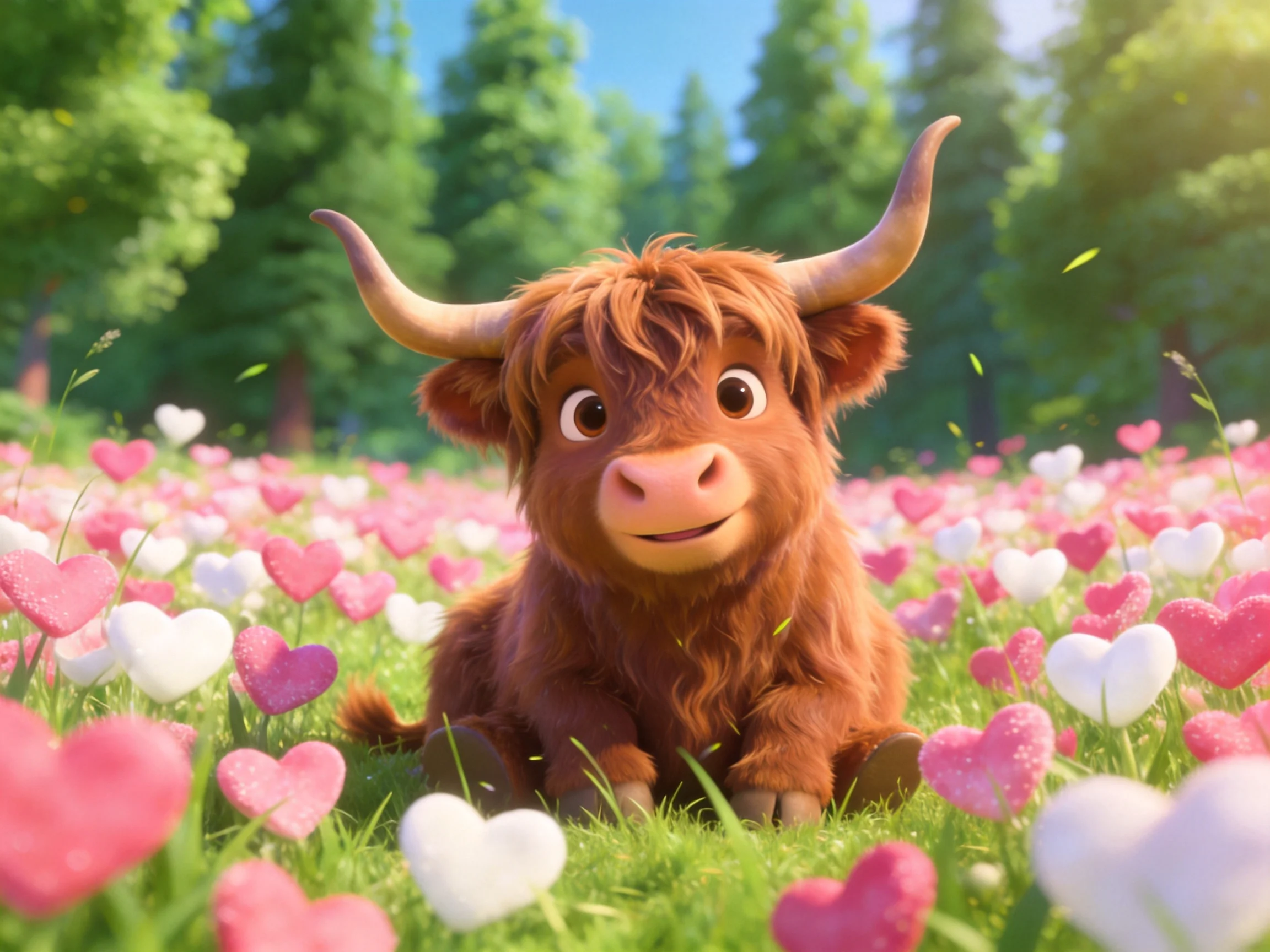 A fluffy brown Highland cow sits among pink and white heart - shaped flowers in a sunlit forest clear