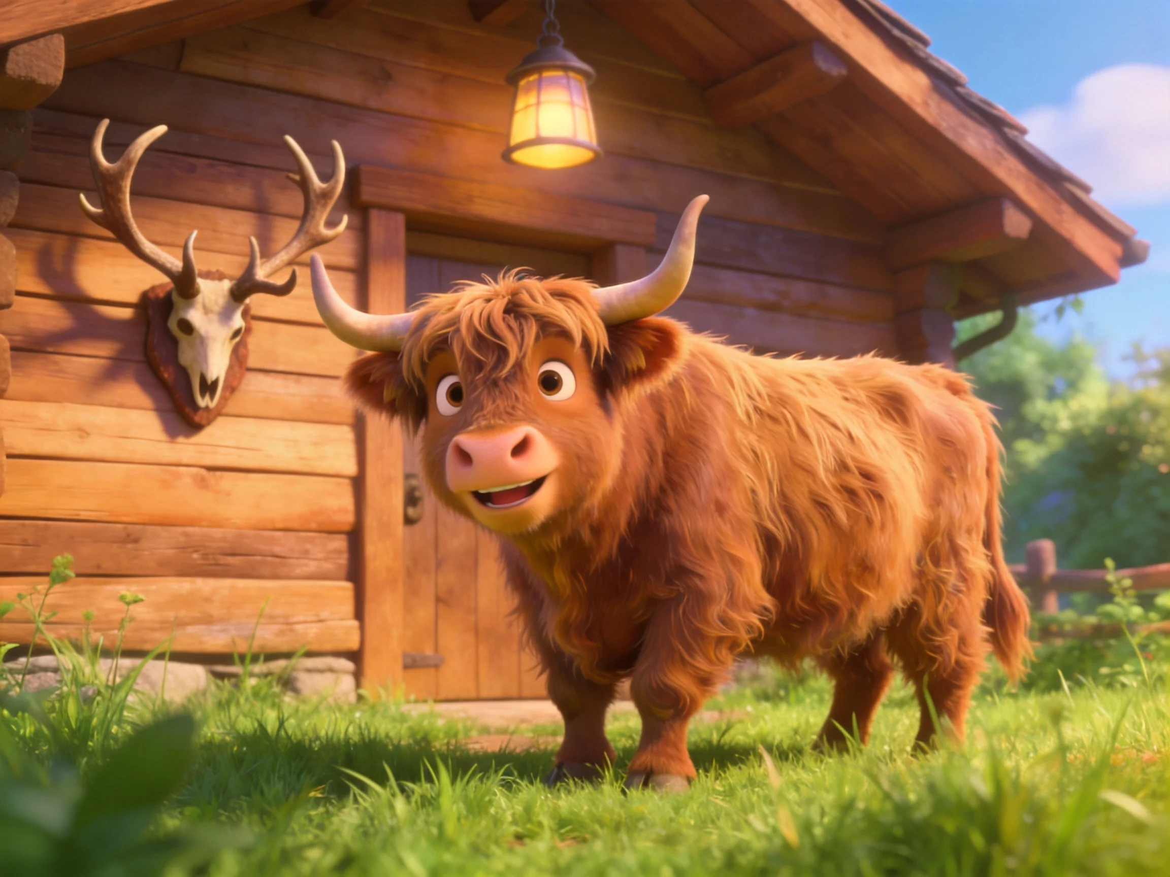 A fluffy brown Highland cow stands before a rustic wooden cabin with a mounted deer skull