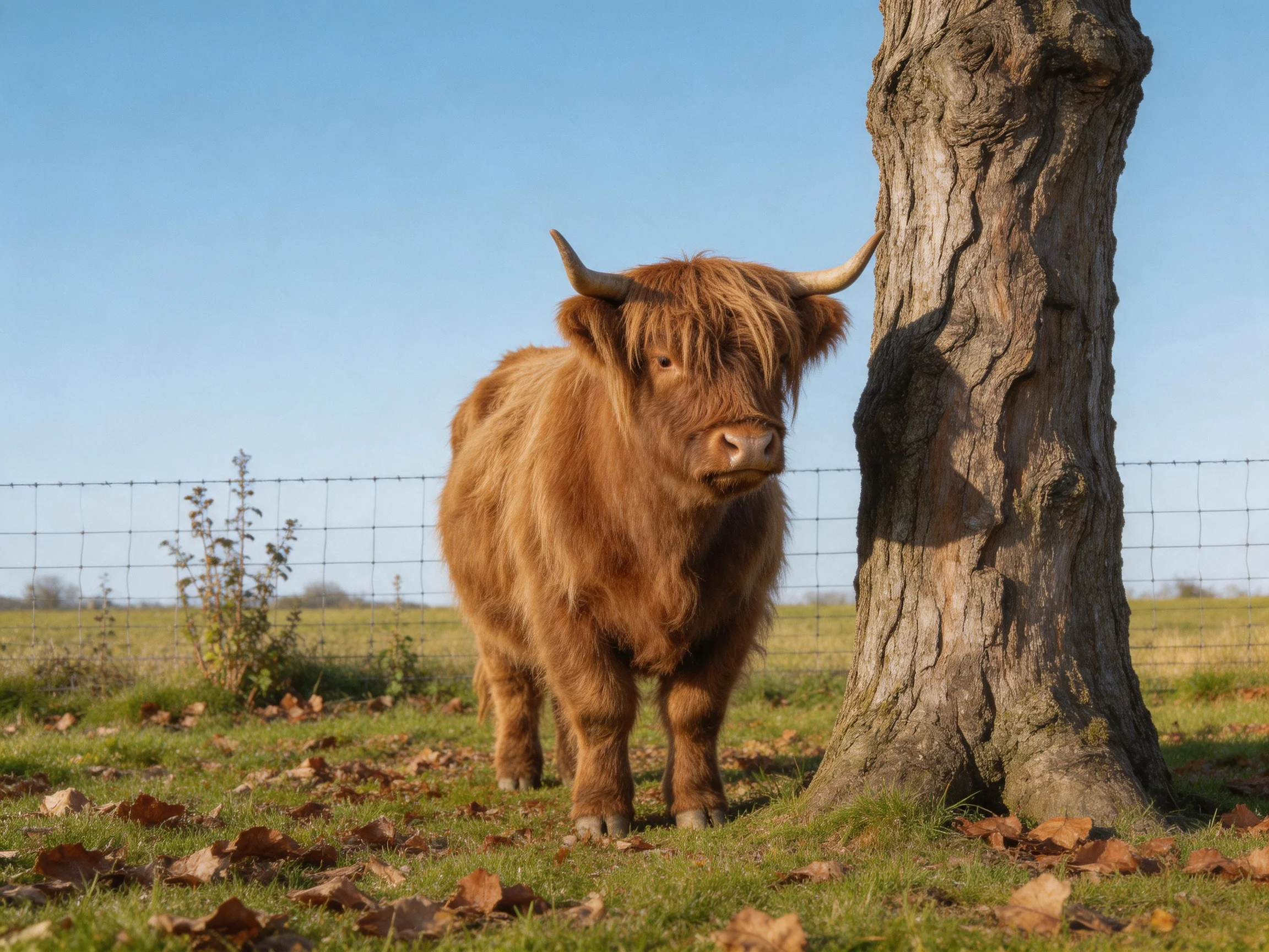 A fluffy brown Highland cow stands by an aged tree in a sunny field