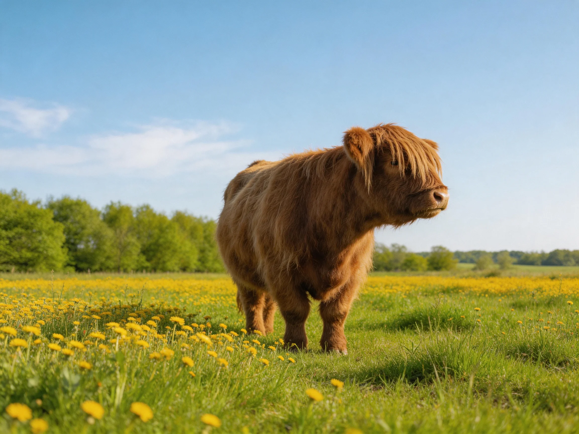 A fluffy brown Highland cow stands in a vibrant green meadow with yellow wildflowers