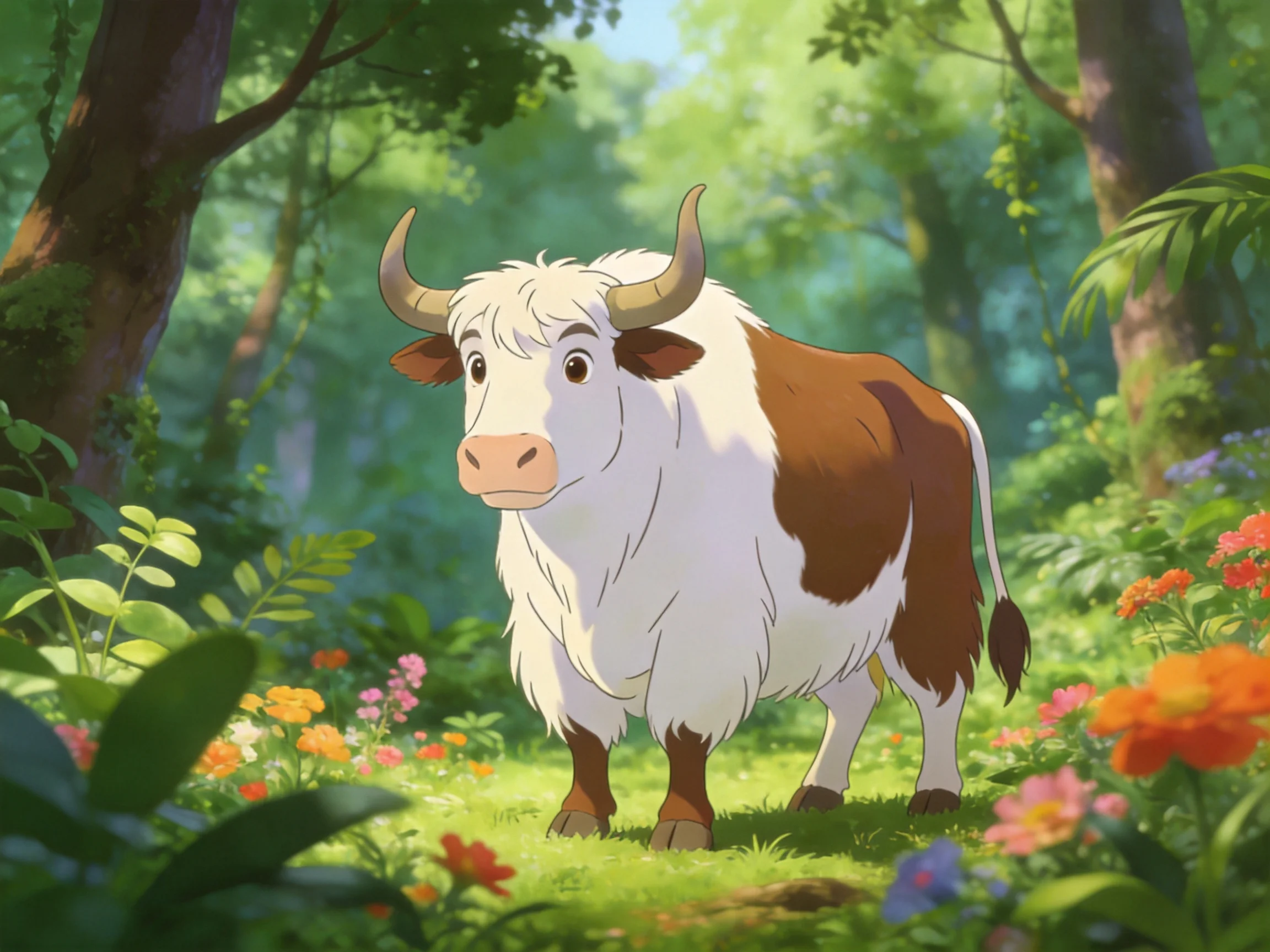A fluffy brown-and-white bovine in a verdant forest with colorful blooms