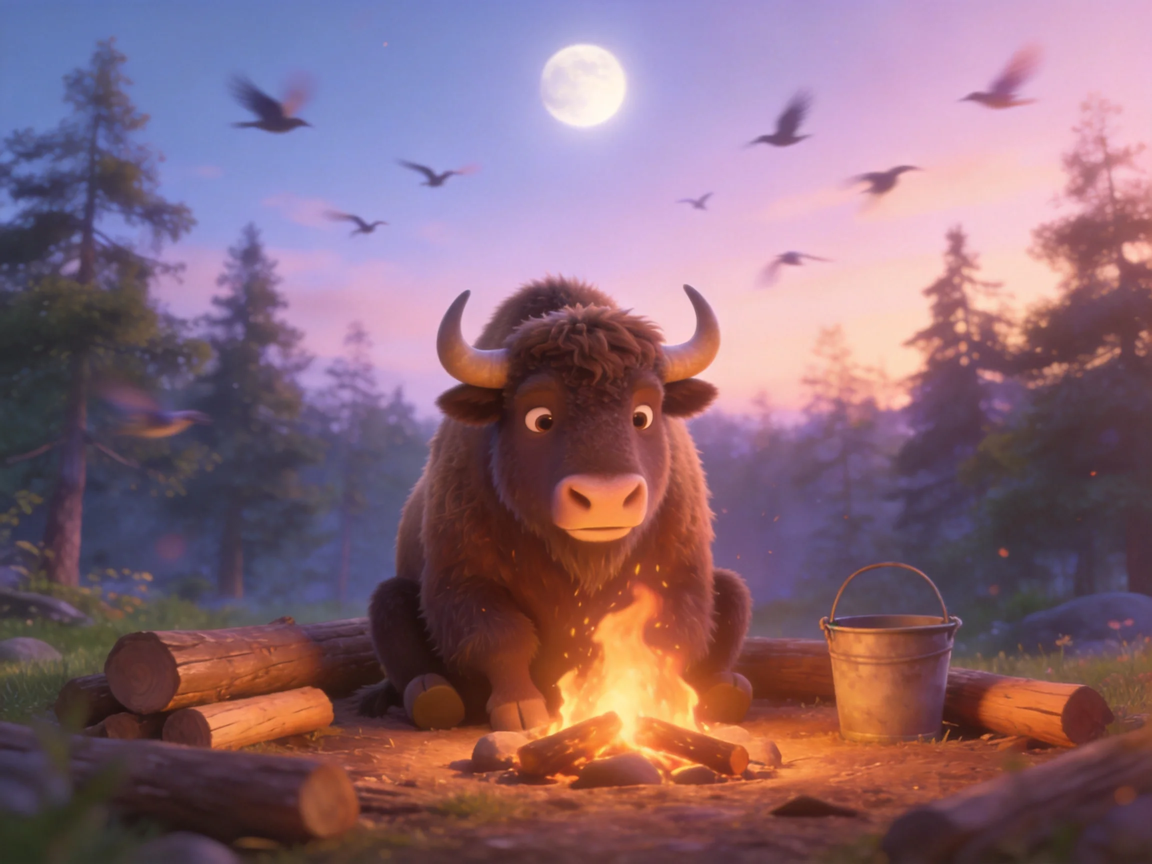 A fluffy brown buffalo sits by a campfire under a full moon