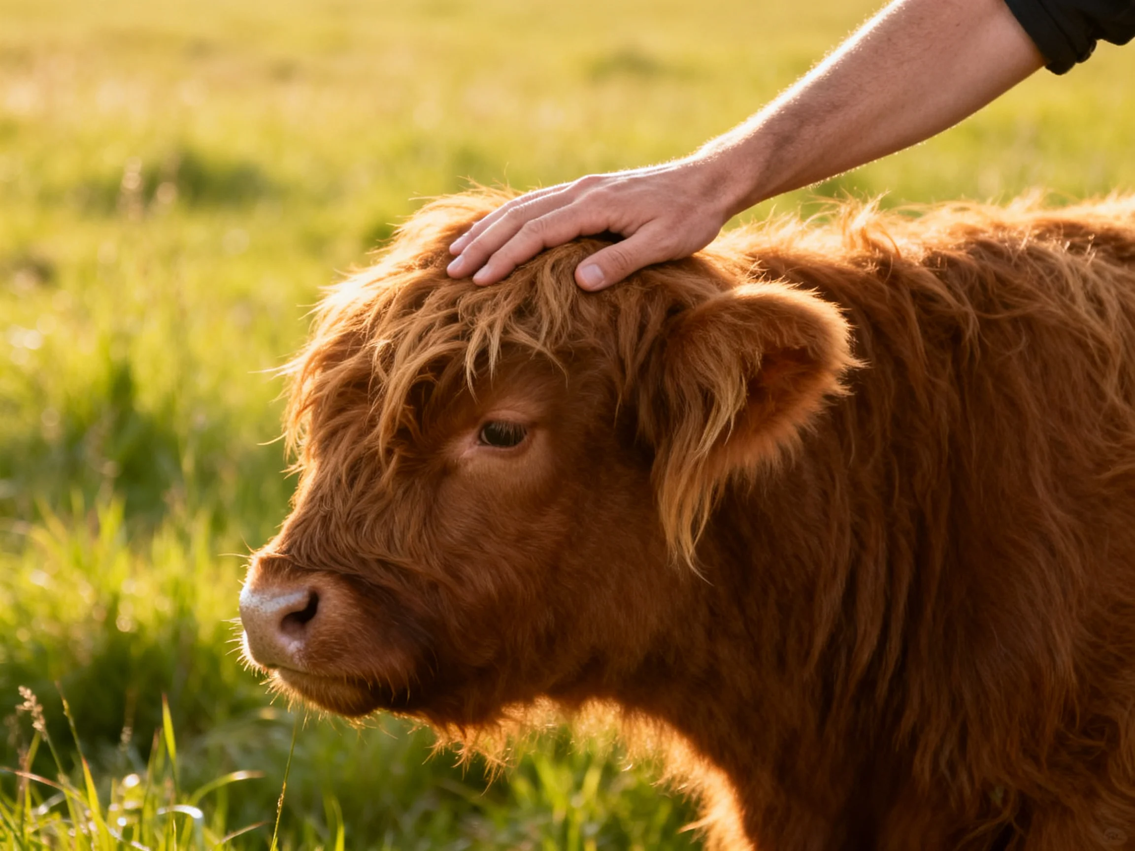A fluffy brown calf gets a hand caress in a sunlit meadow