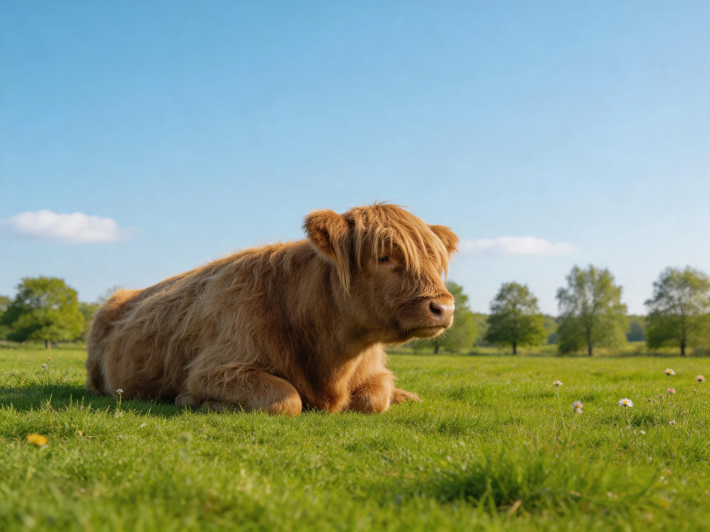 A fluffy brown calf resting in a lush green meadow beneath a bright blue sky