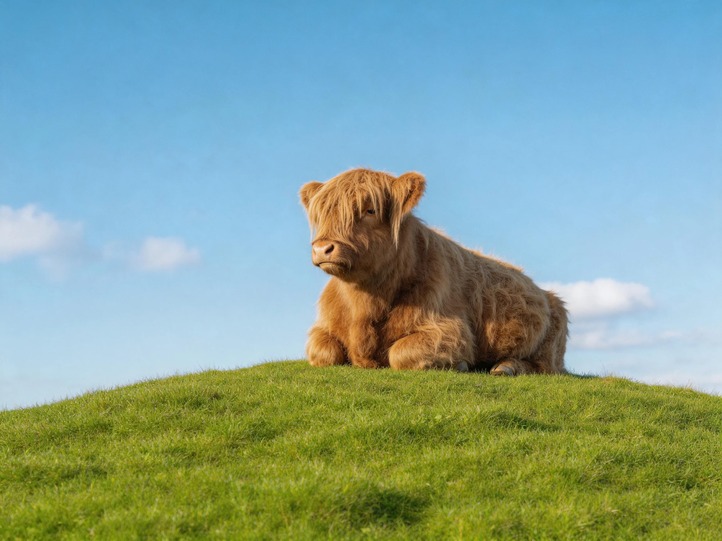 A fluffy brown calf rests on a lush green hilltop under bright blue sky
