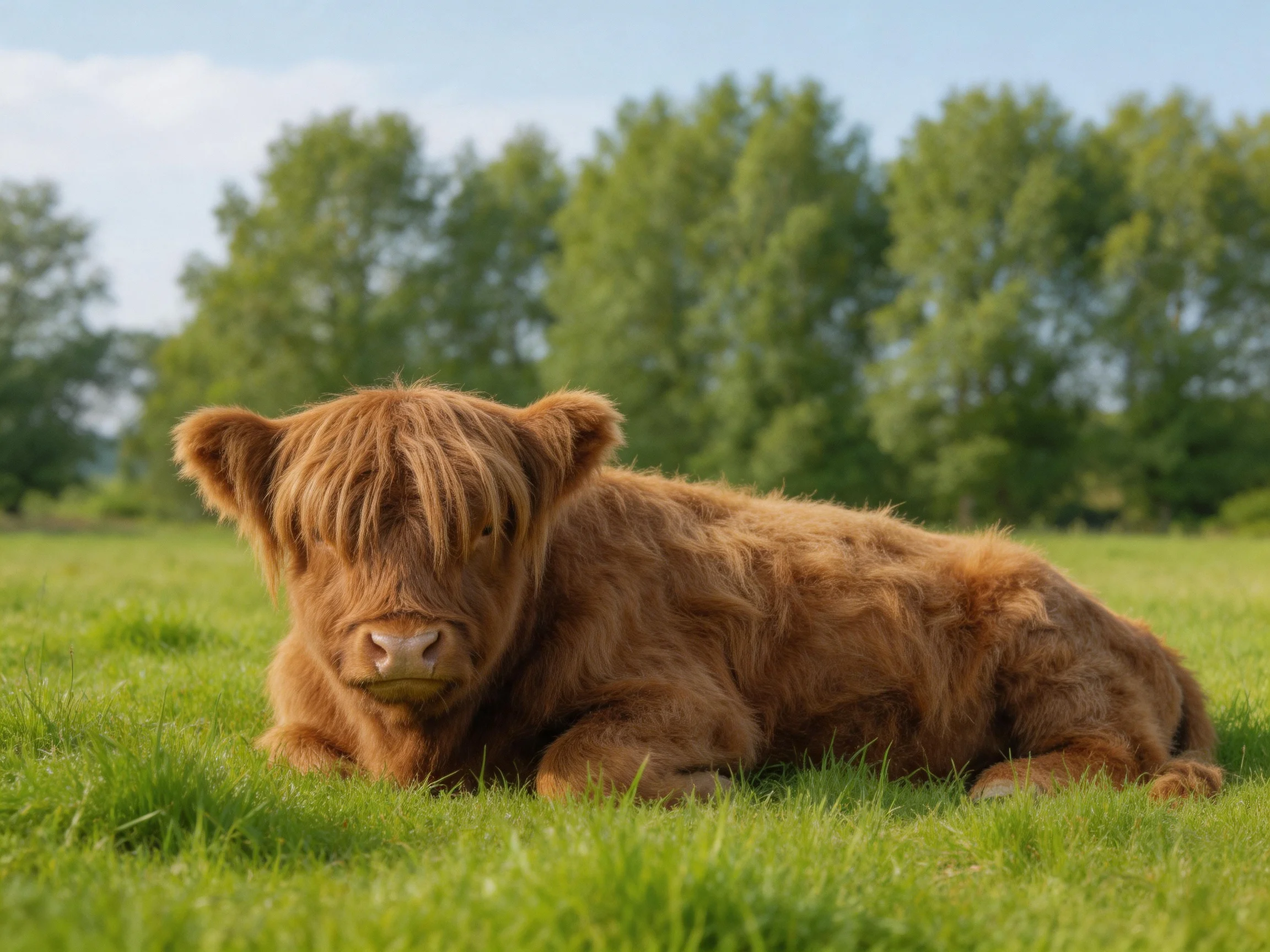 A fluffy brown calf rests on lush green grass near leafy trees