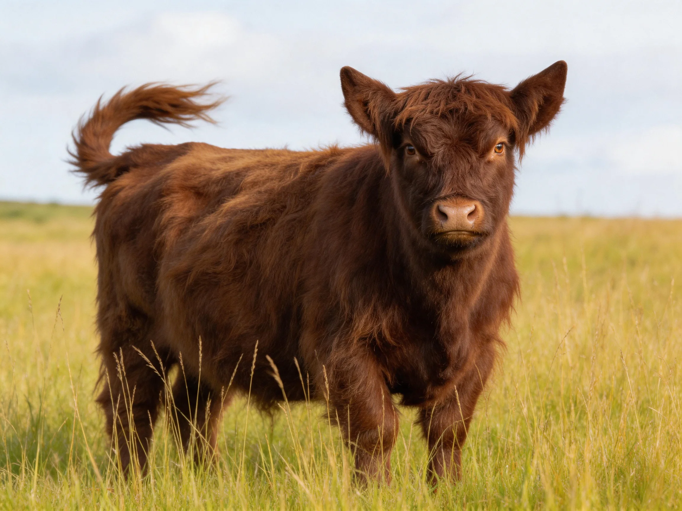 A fluffy brown calf stands in a sunlit green meadow