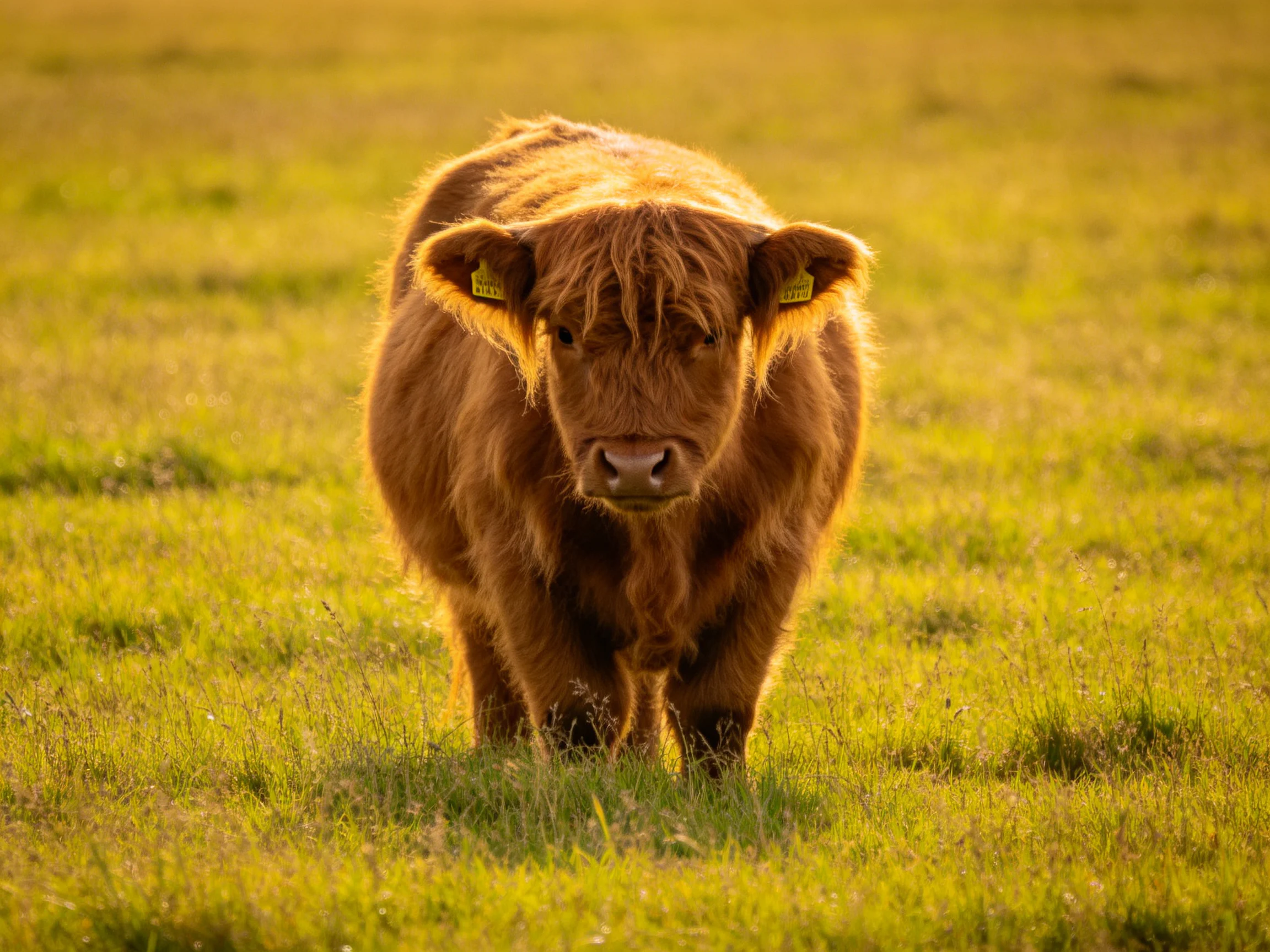 A fluffy brown calf stands in a sunlit green pasture