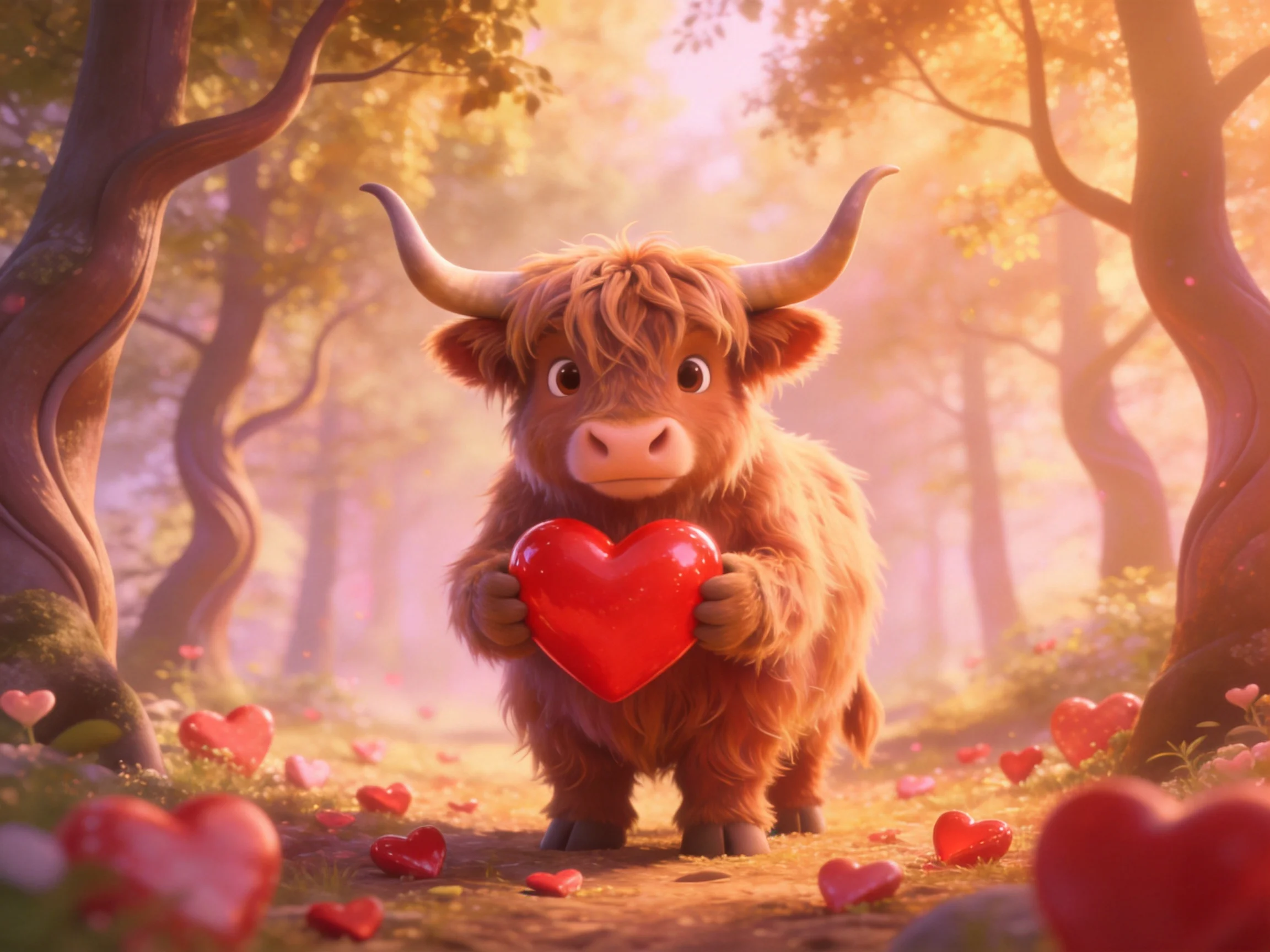 A fluffy brown cow holds a large red heart among scattered hearts in a sunlit forest.