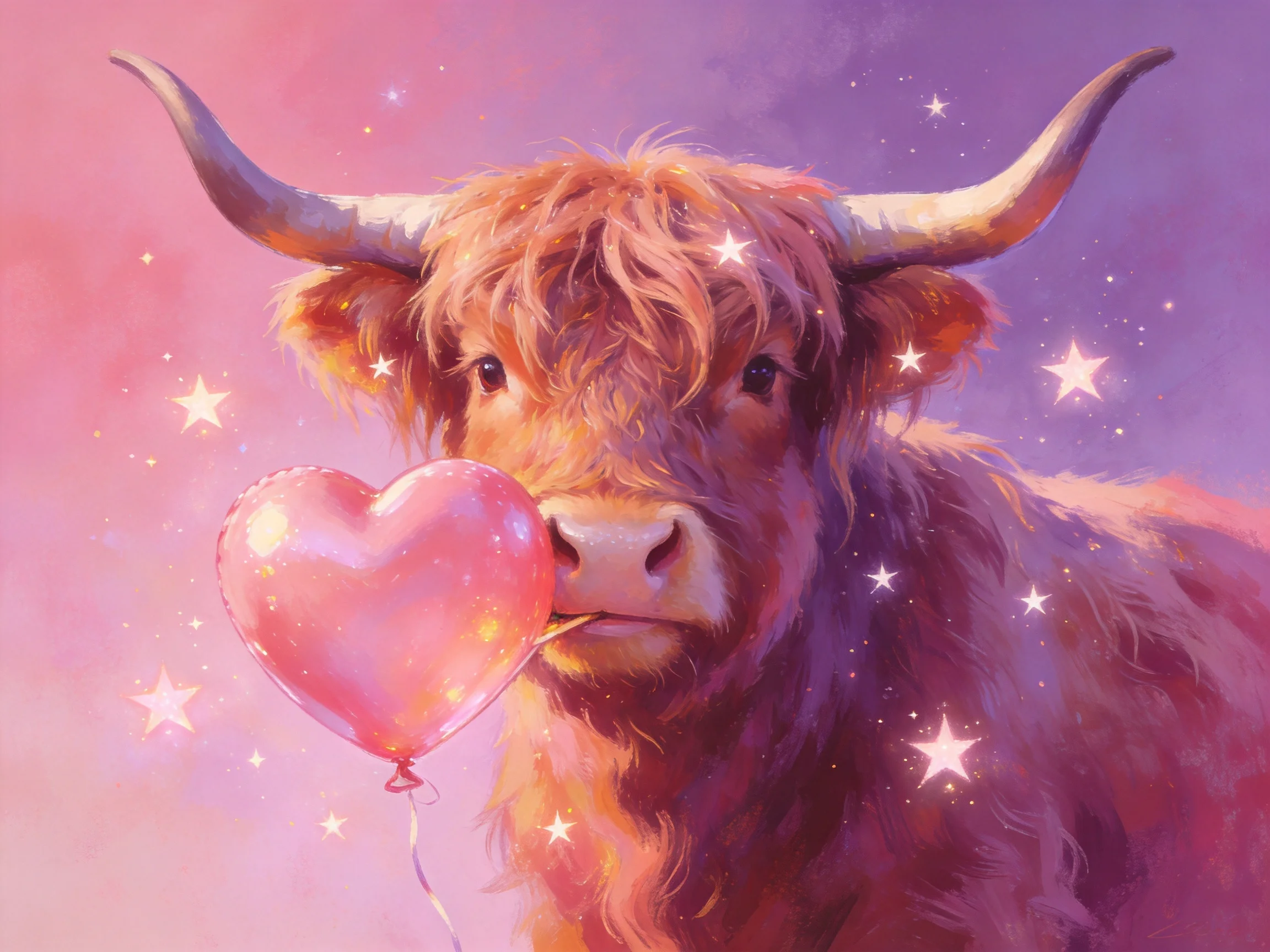 A fluffy brown cow holds a pink heart balloon amid starry pastels