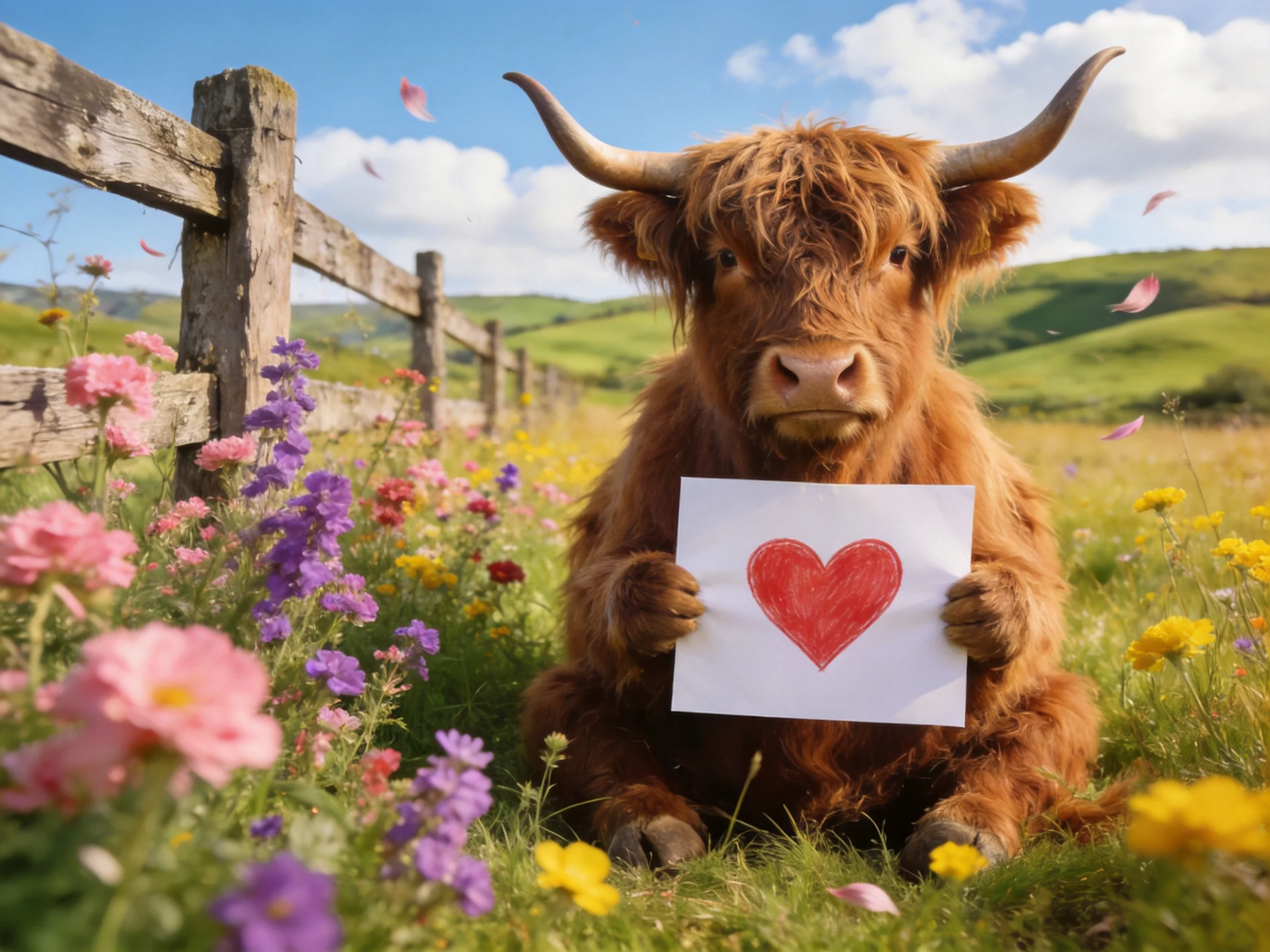 A fluffy brown cow holds a red heart sign amid colorful wildflowers