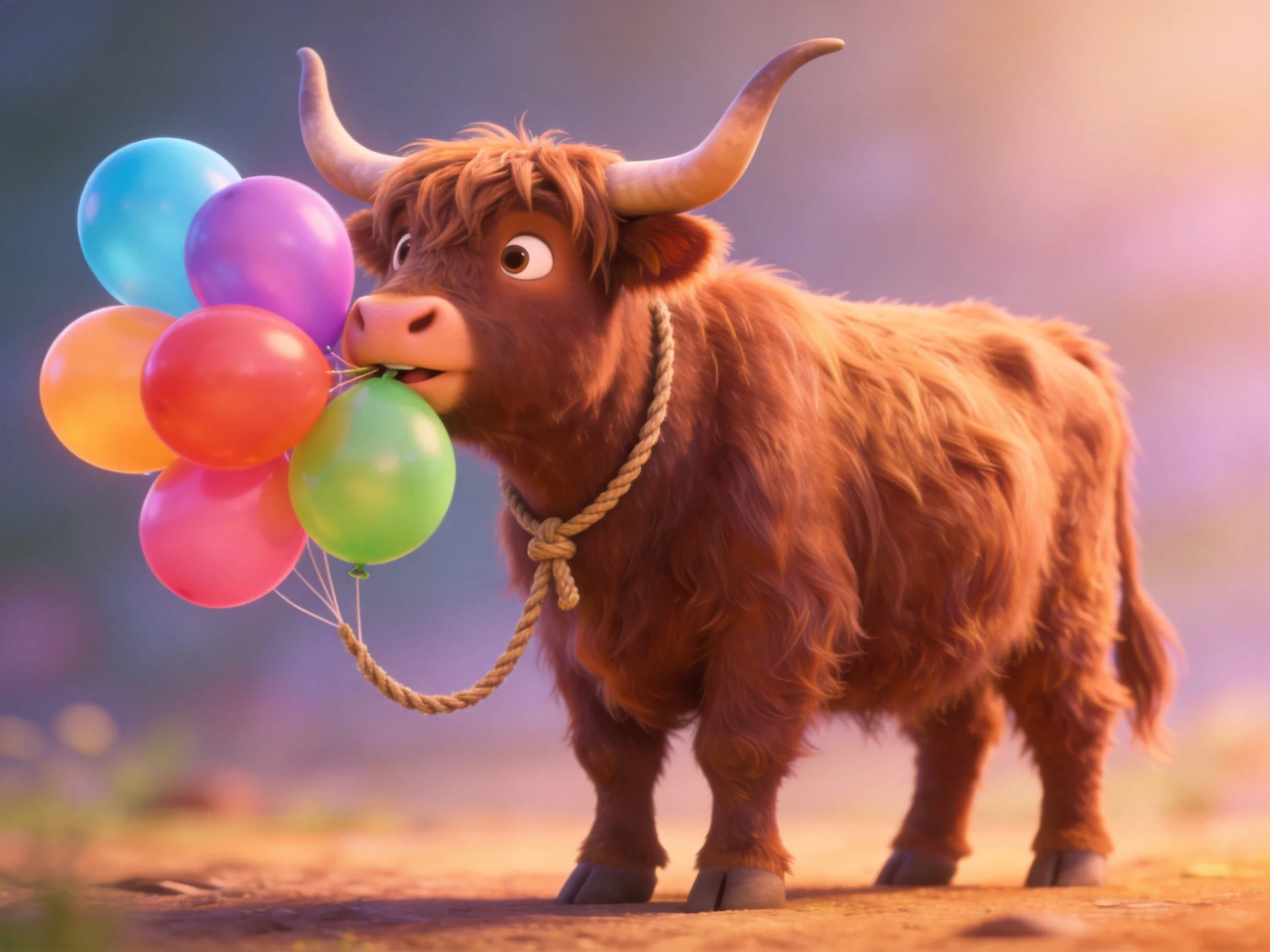 A fluffy brown cow holds six colorful balloons with a rope